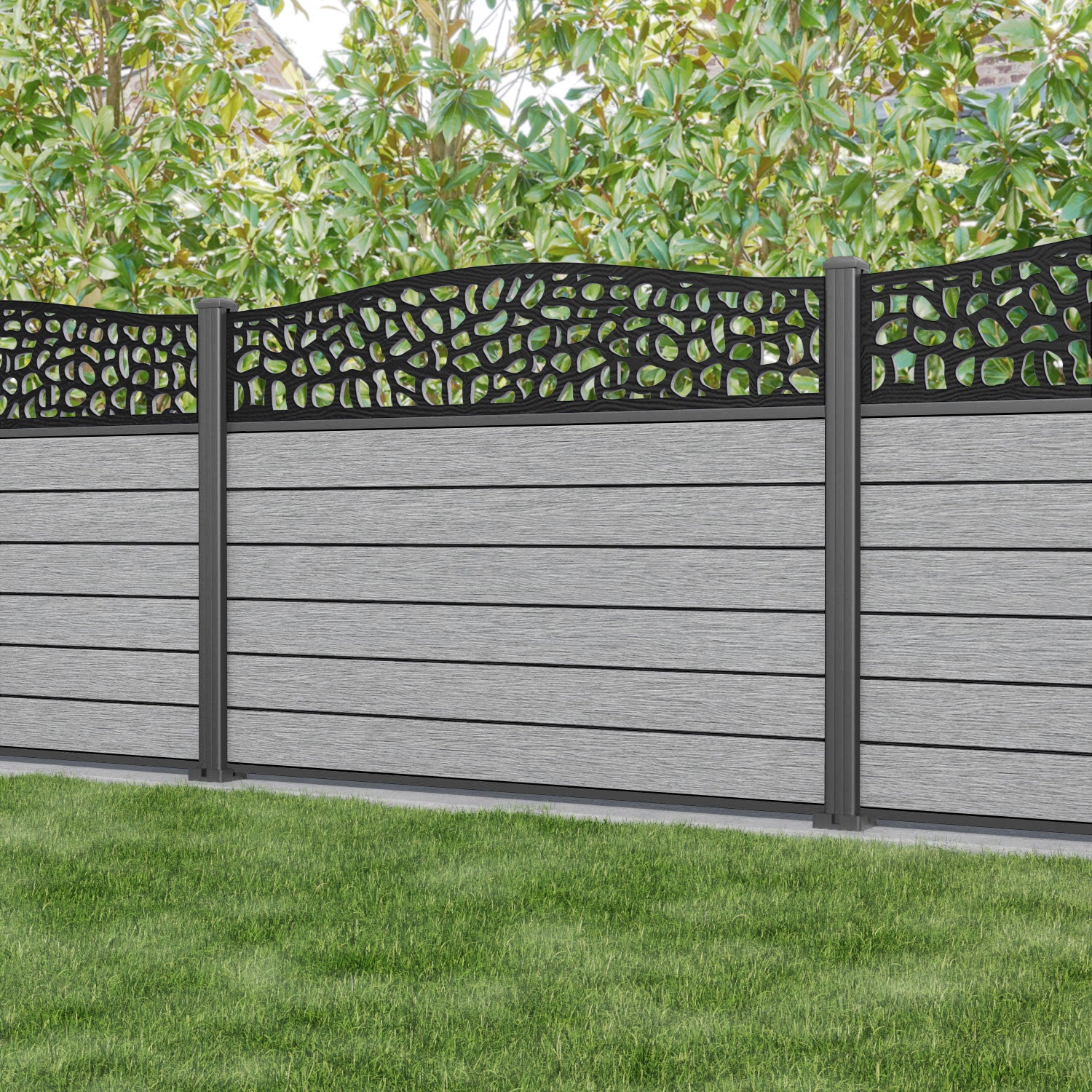 Fusion Pebble Curved Top Fence Panel - Light Grey - with our aluminium posts