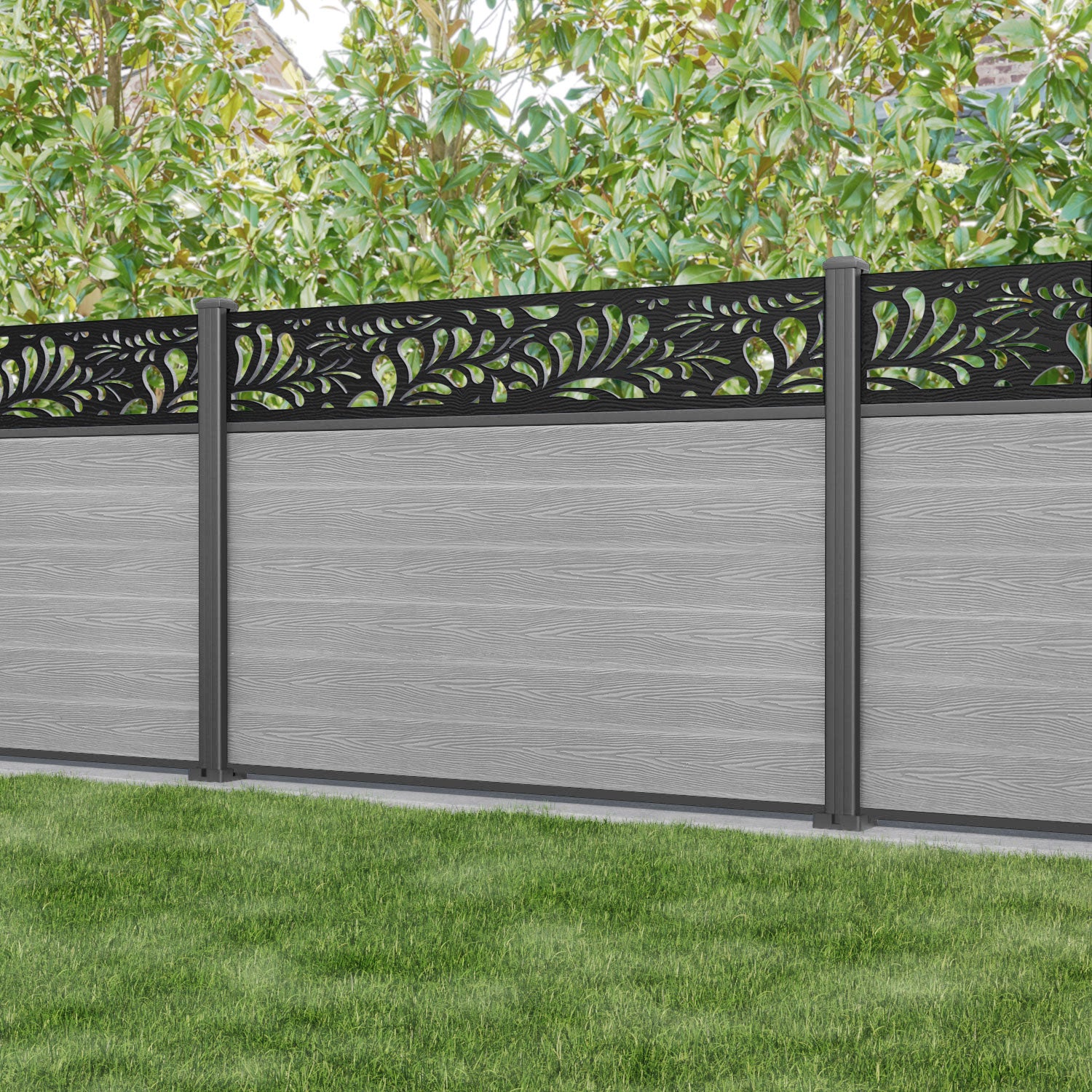Classic Petal Fence Panel - Light Grey - with our aluminium posts