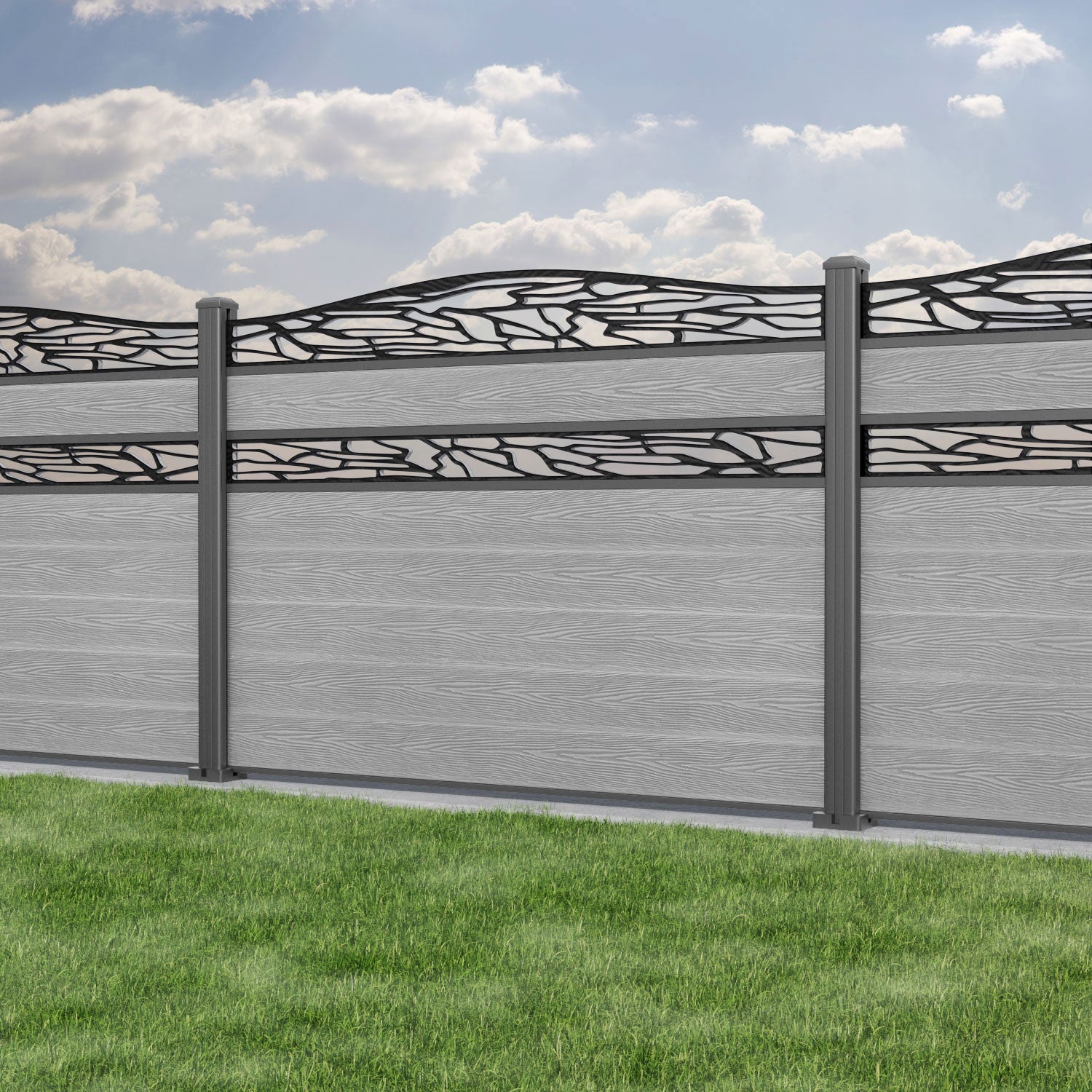 Classic Shatter Curved Top Split Screen Fence Panel - Light Grey - with our aluminium posts