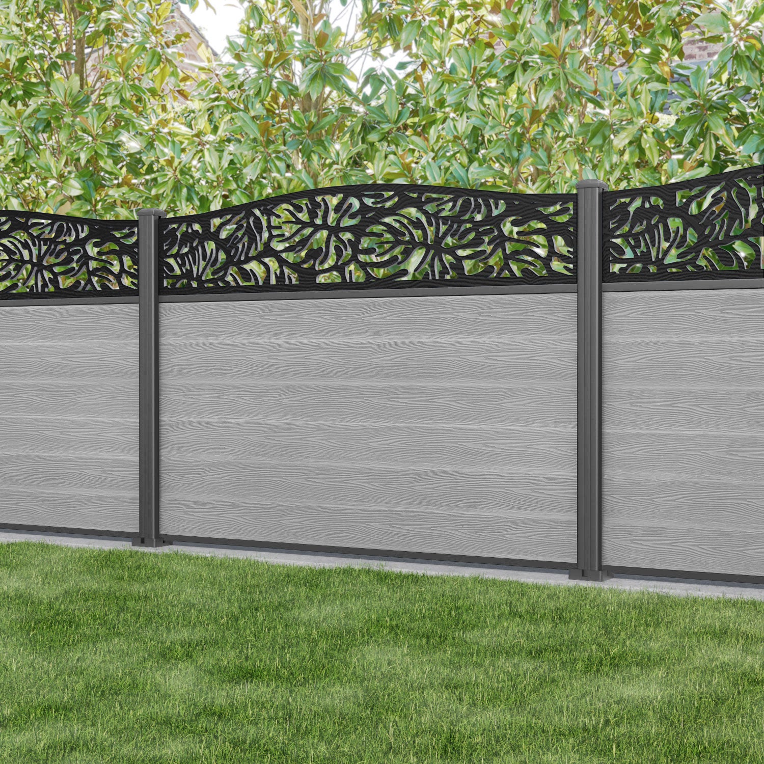 Classic Botanic Curved Top Fence Panel - Light Grey - with our aluminium posts