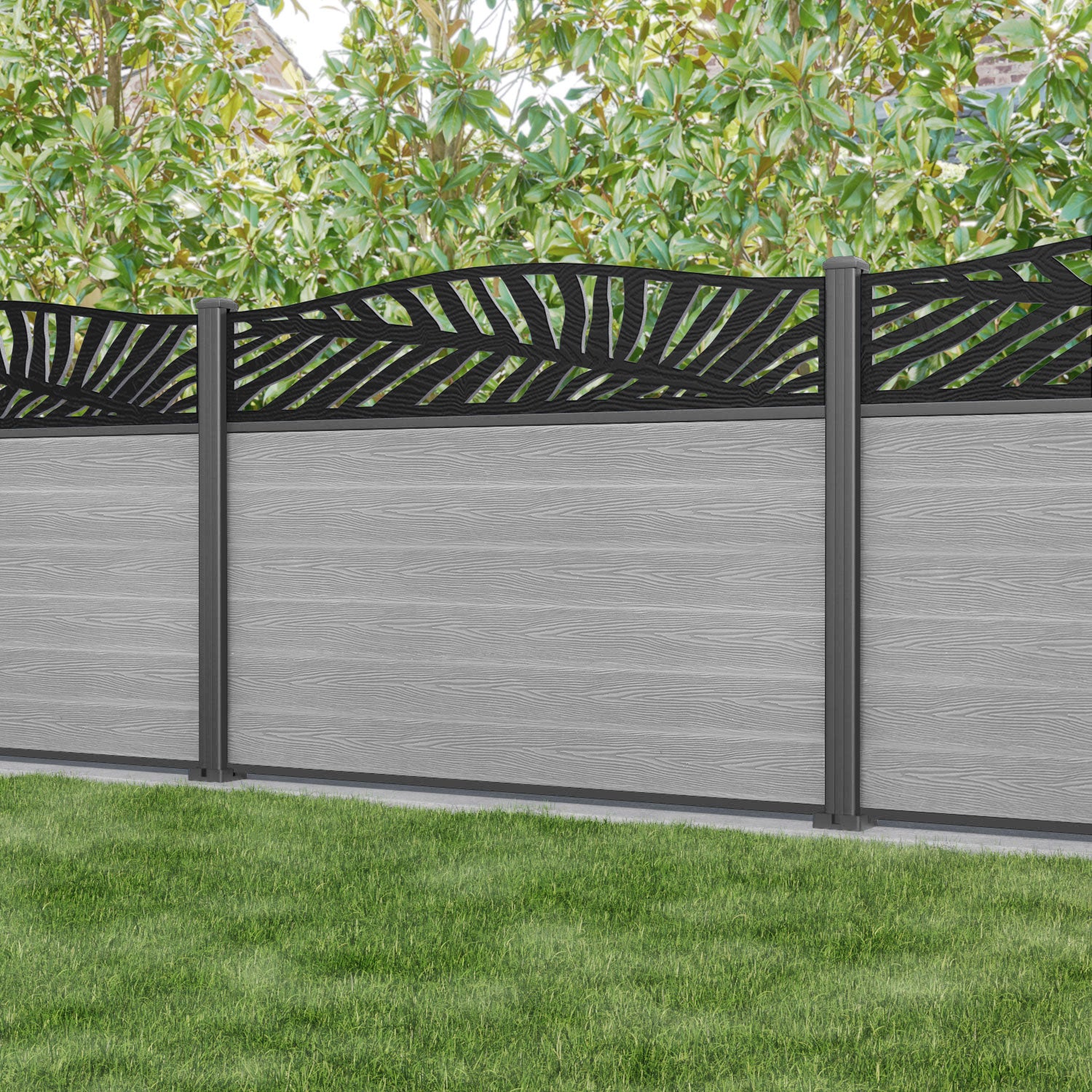 Classic Palm Curved Top Fence Panel - Light Grey - with our aluminium posts