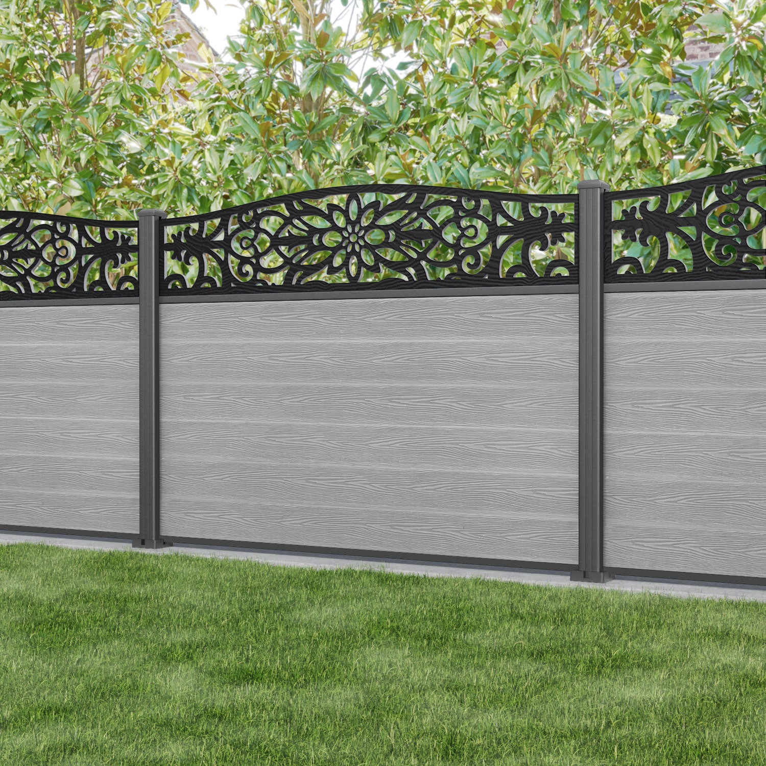 Classic Windsor Curved Top Fence Panel - Light Grey - with our aluminium posts