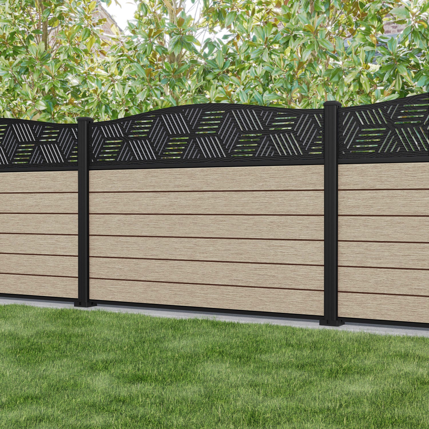 Fusion Cubed Curved Top Fence Panel - Light Oak - with our aluminium posts