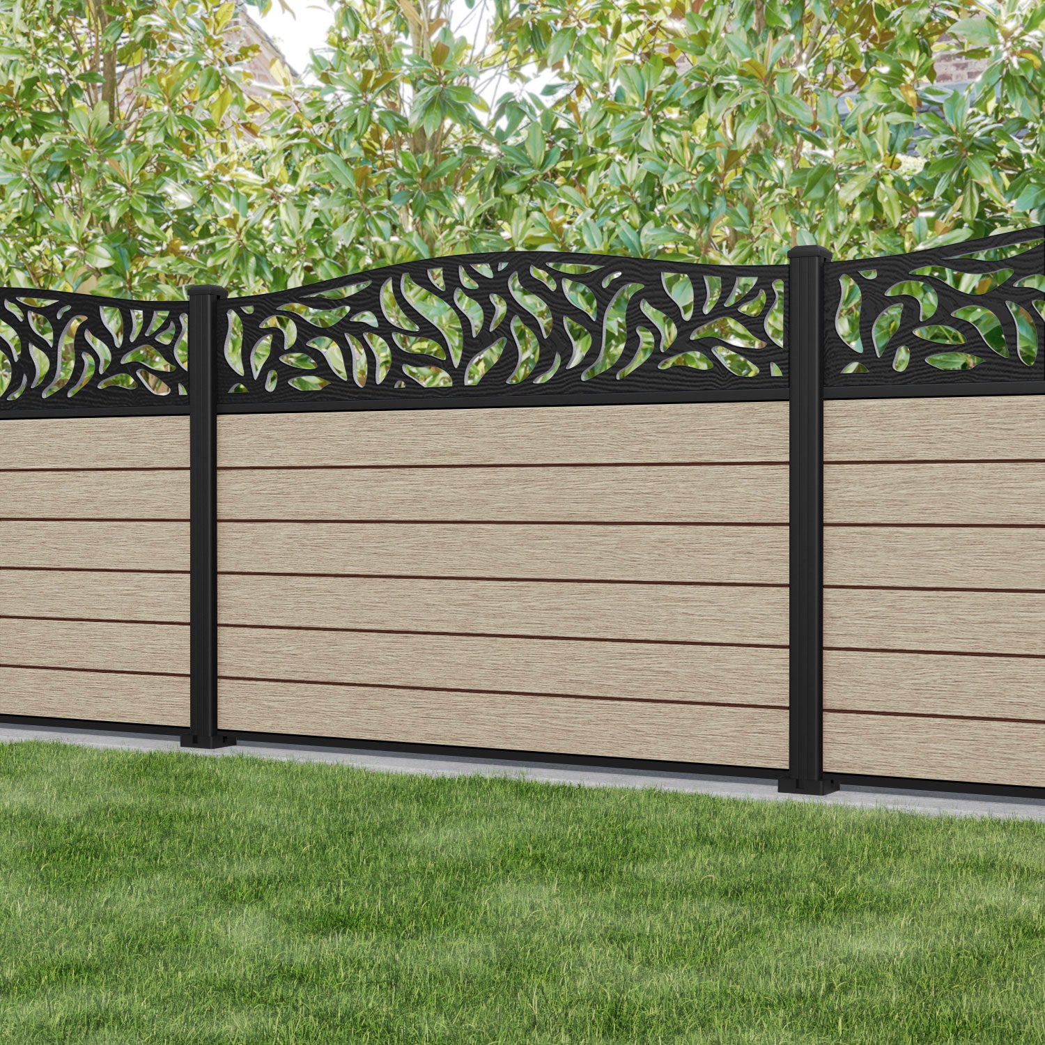 Fusion Plume Curved Top Fence Panel - Light Oak - with our aluminium posts