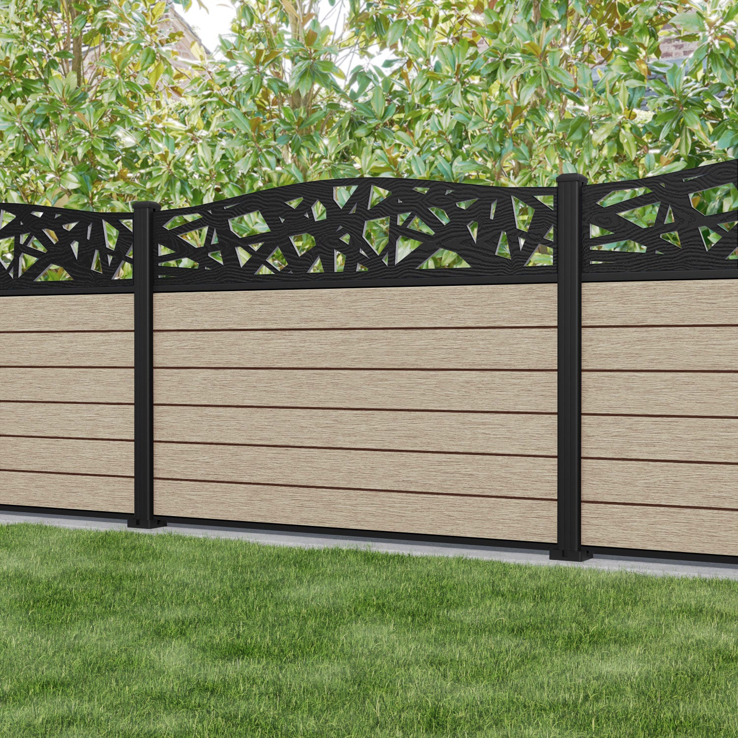 Fusion Prism Curved Top Fence Panel - Light Oak - with our aluminium posts
