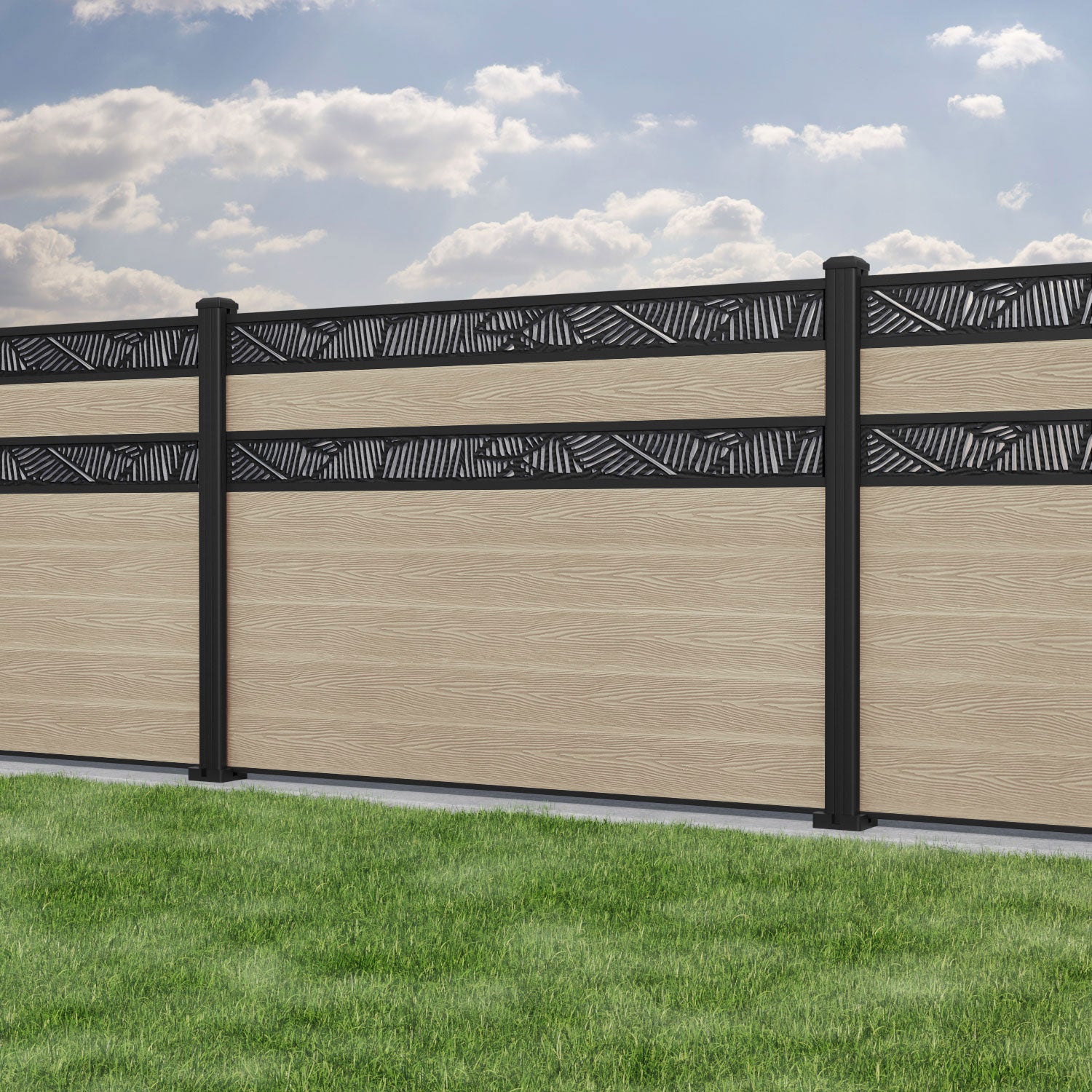 Classic Feather Split Screen Fence Panel - Light Oak - with our aluminium posts