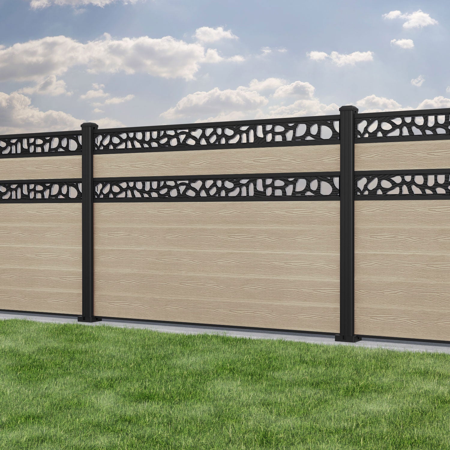 Classic Pebble Split Screen Fence Panel - Light Oak - with our aluminium posts