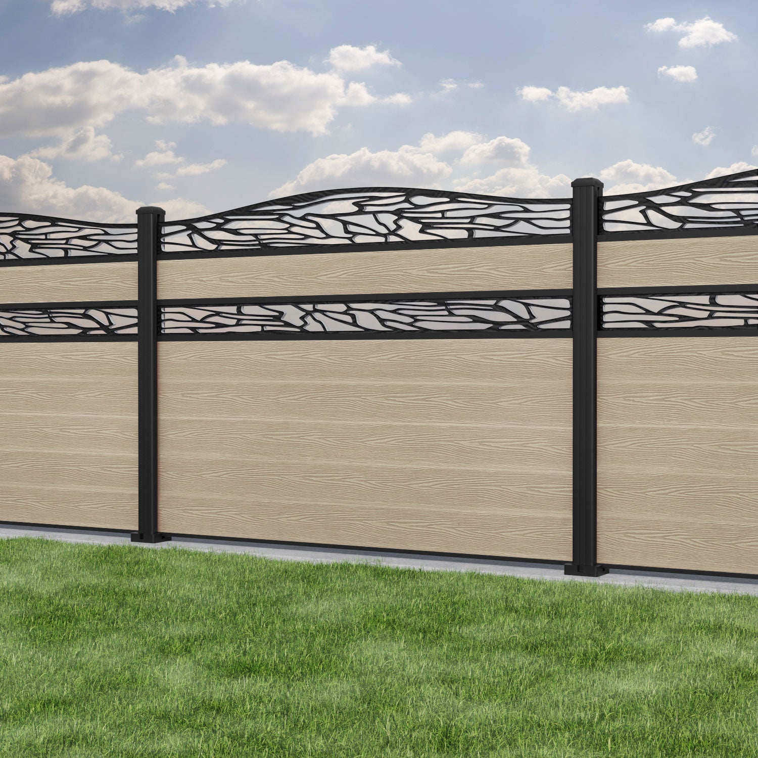 Classic Shatter Curved Top Split Screen Fence Panel - Light Oak - with our aluminium posts