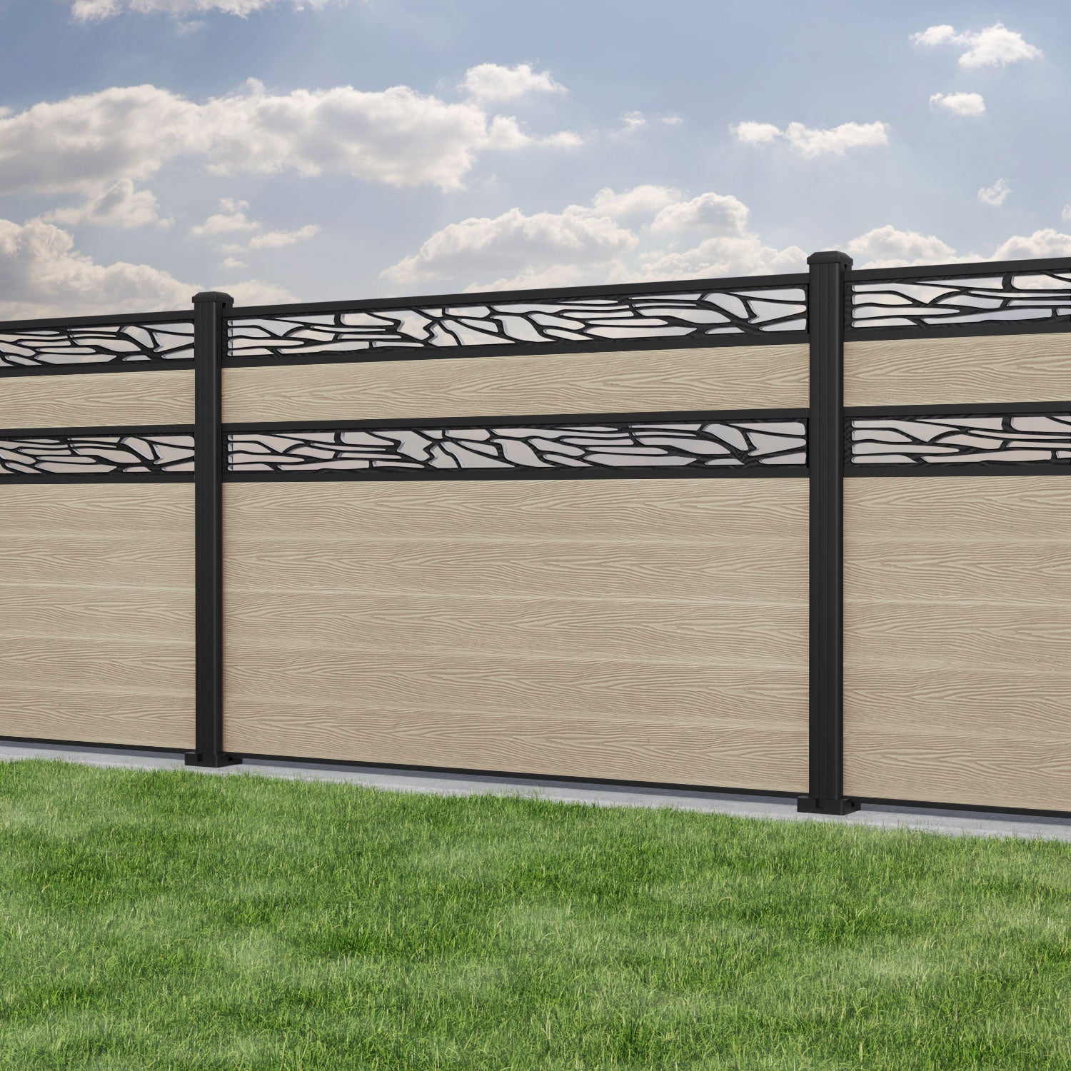 Classic Shatter Split Screen Fence Panel - Light Oak - with our aluminium posts