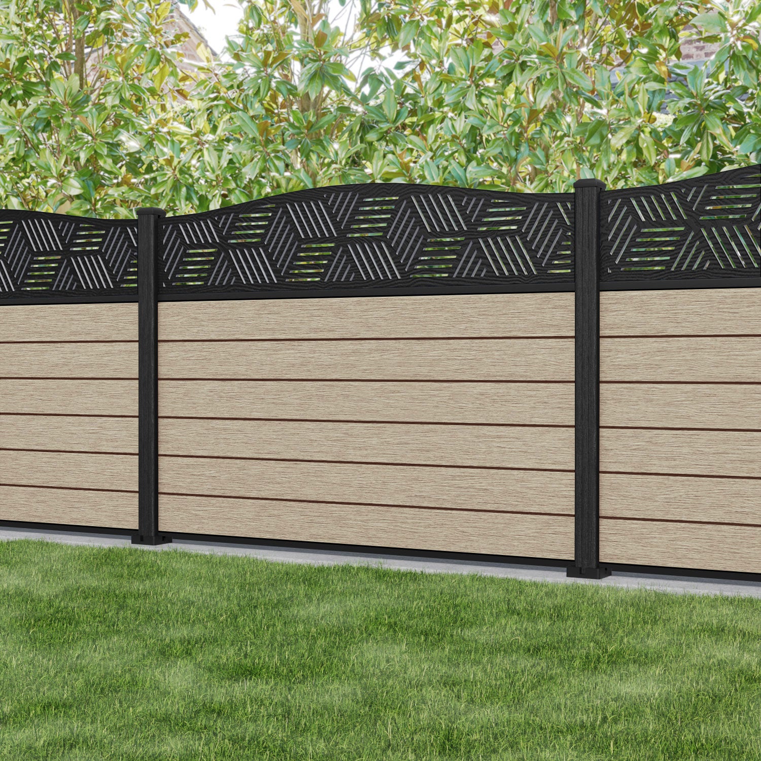 Fusion Cubed Curved Top Fence Panel - Light Oak - with our composite posts