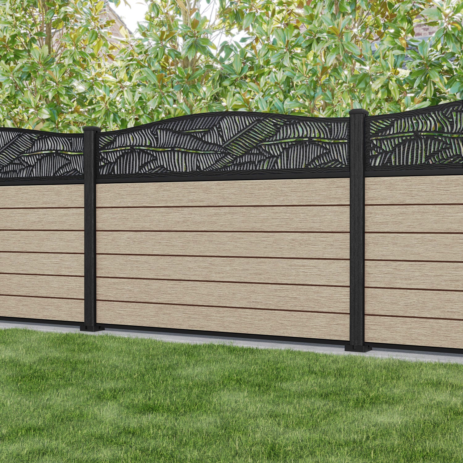 Fusion Feather Curved Top Fence Panel - Light Oak - with our composite posts