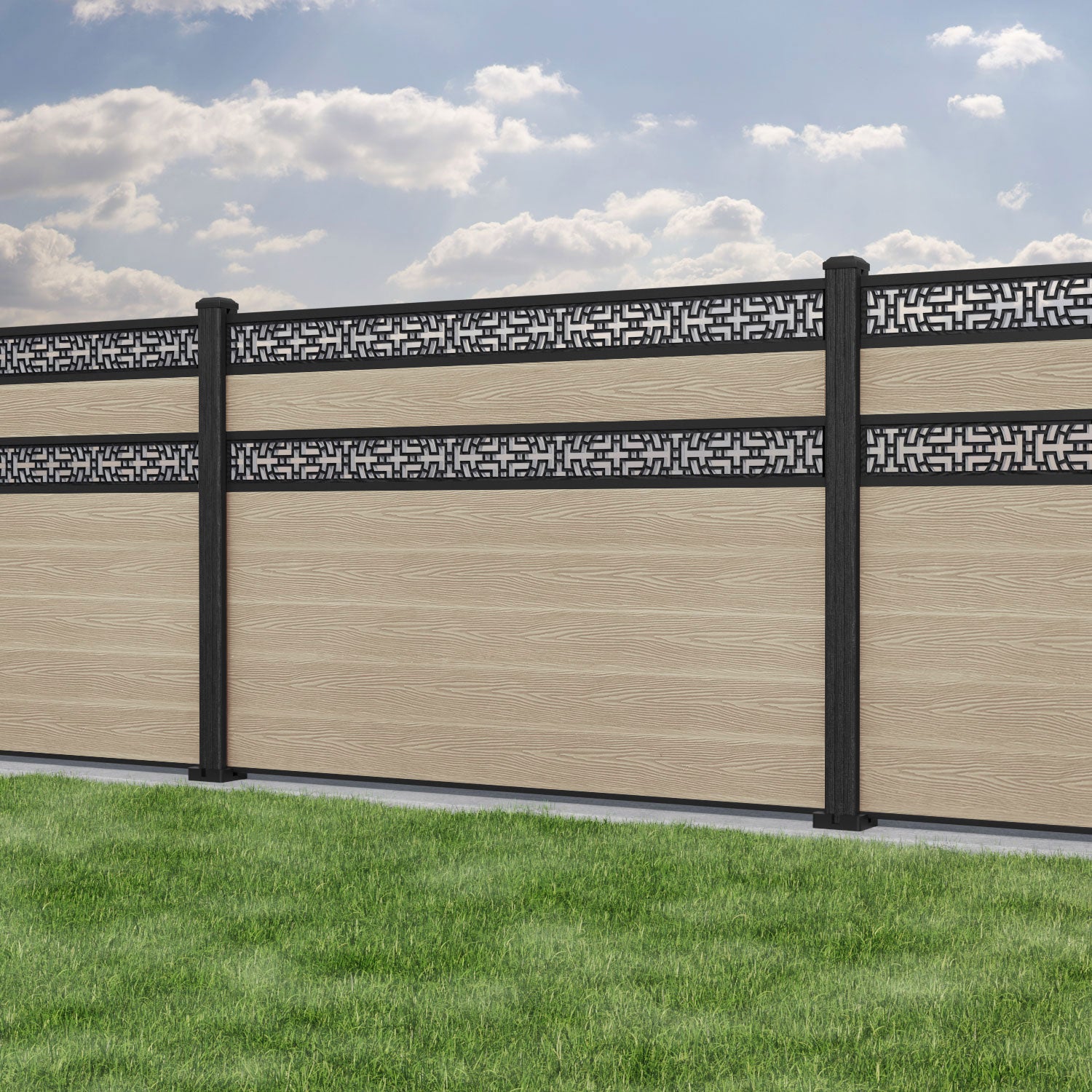 Classic Kumo Split Screen Fence Panel - Light Oak - with our composite posts