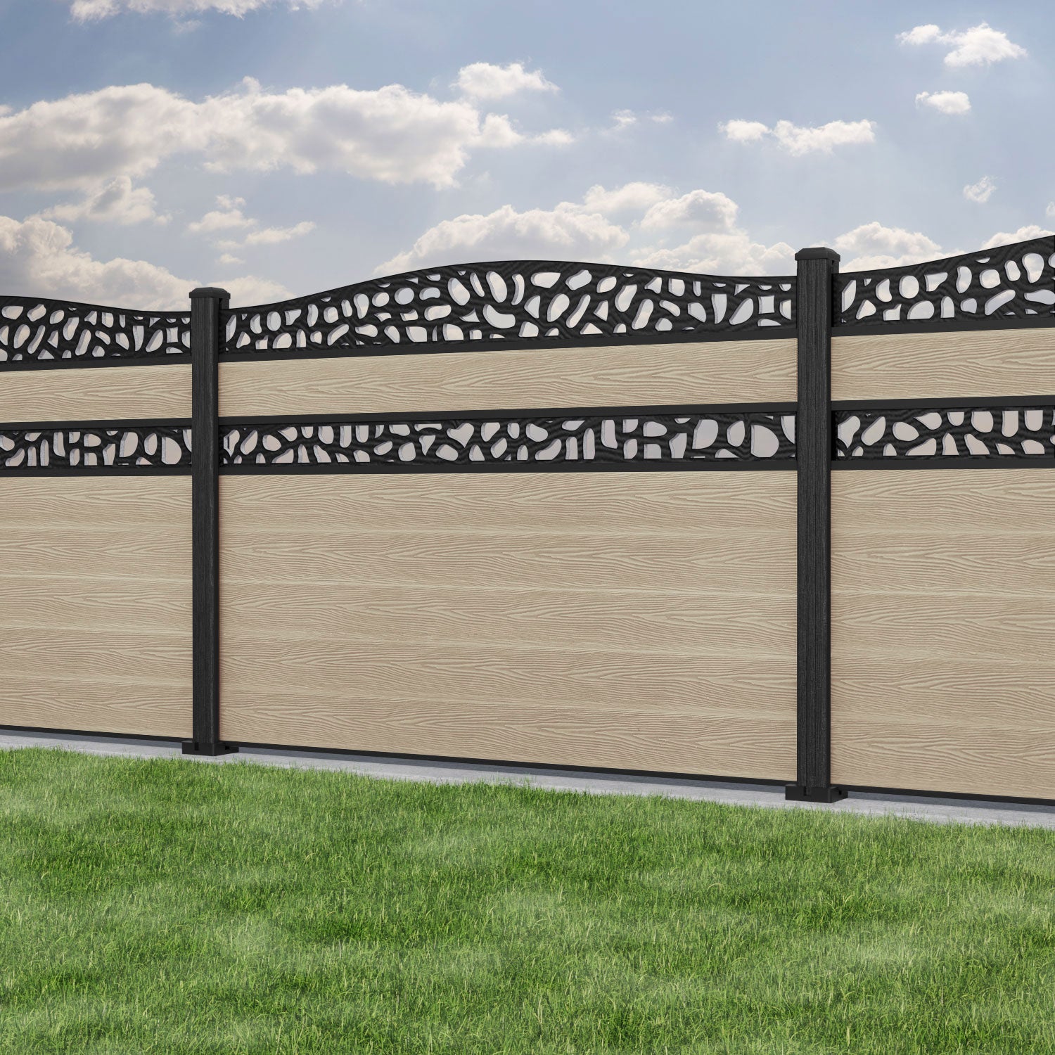 Classic Pebble Curved Top Split Screen Fence Panel - Light Oak - with our composite posts