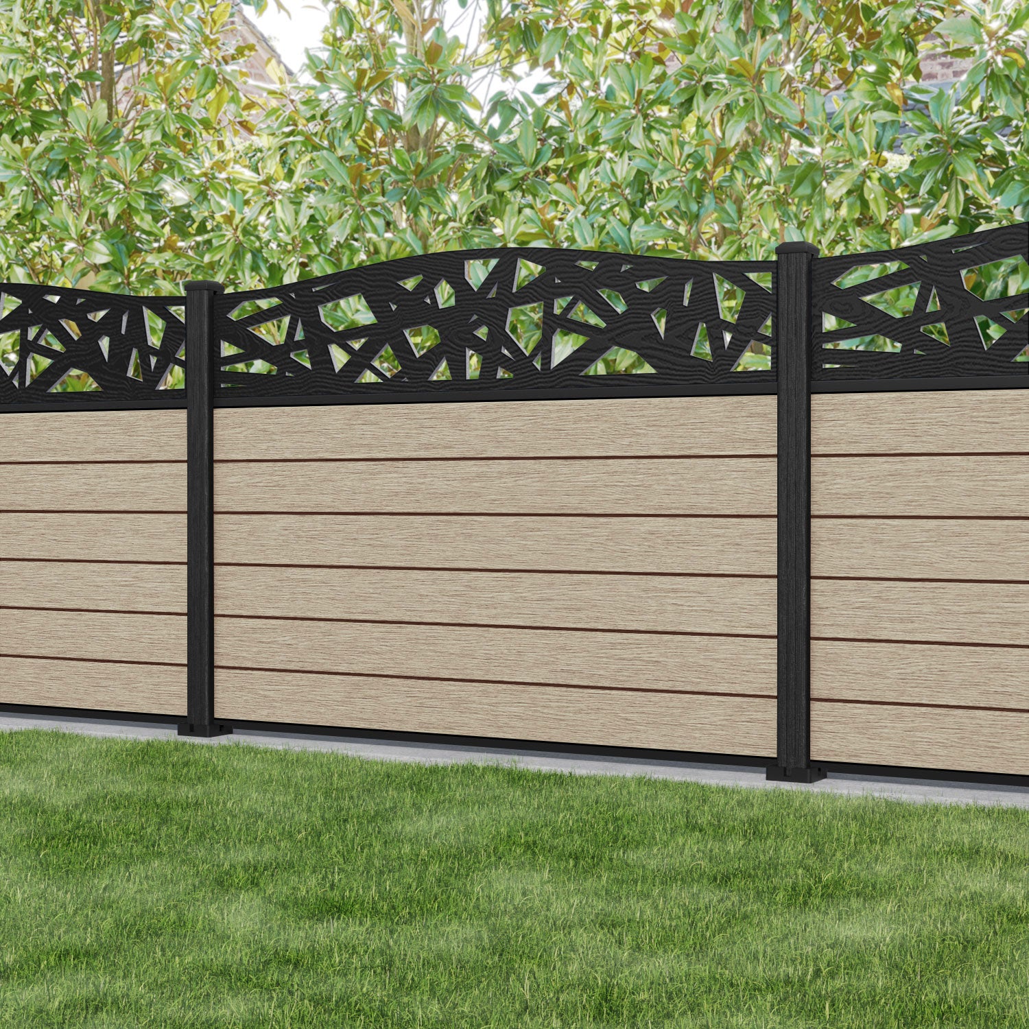 Fusion Prism Curved Top Fence Panel - Light Oak - with our composite posts