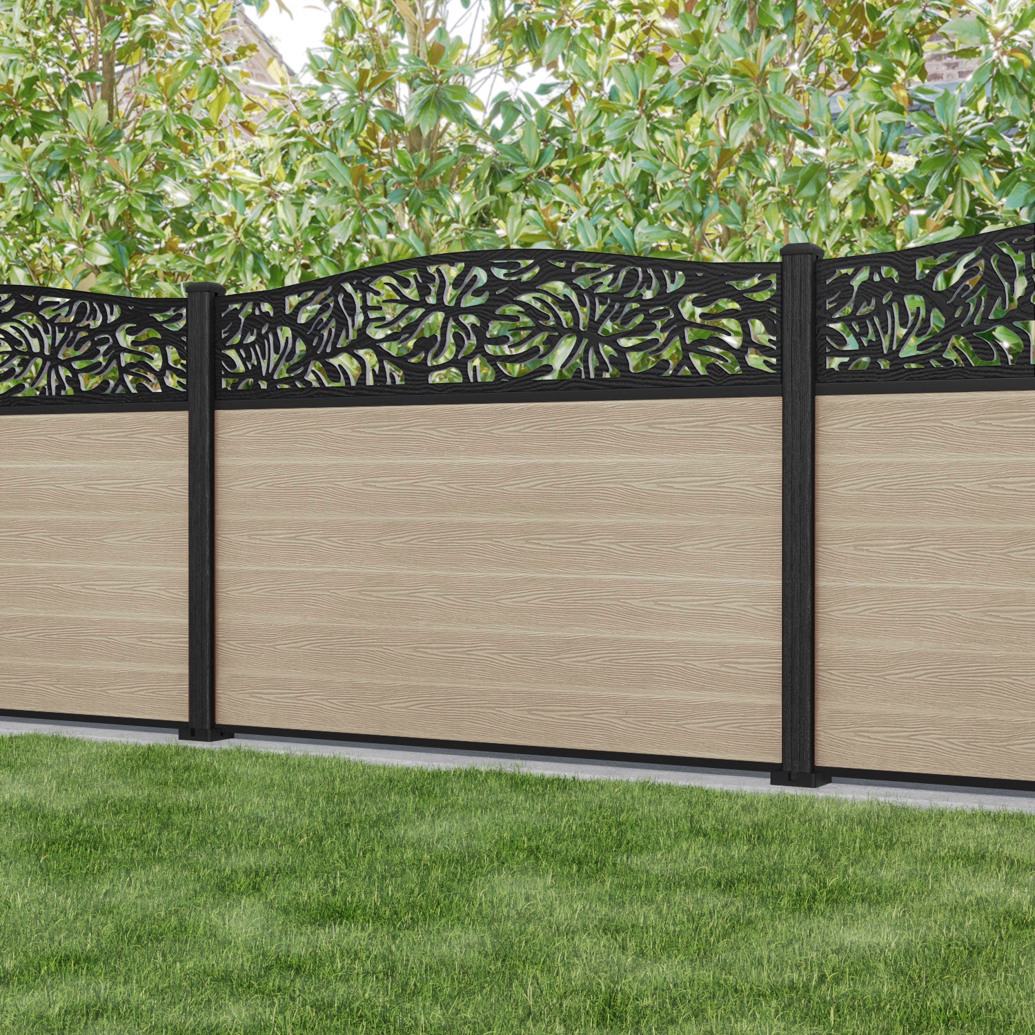 Classic Botanic Curved Top Fence Panel - Light Oak - with our composite posts