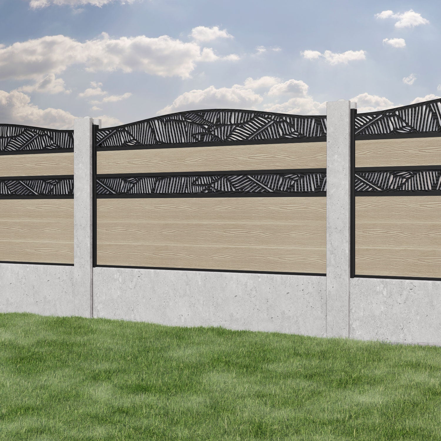 Classic Feather Curved Top Split Screen Fence Panel - Light Oak - for existing concrete posts