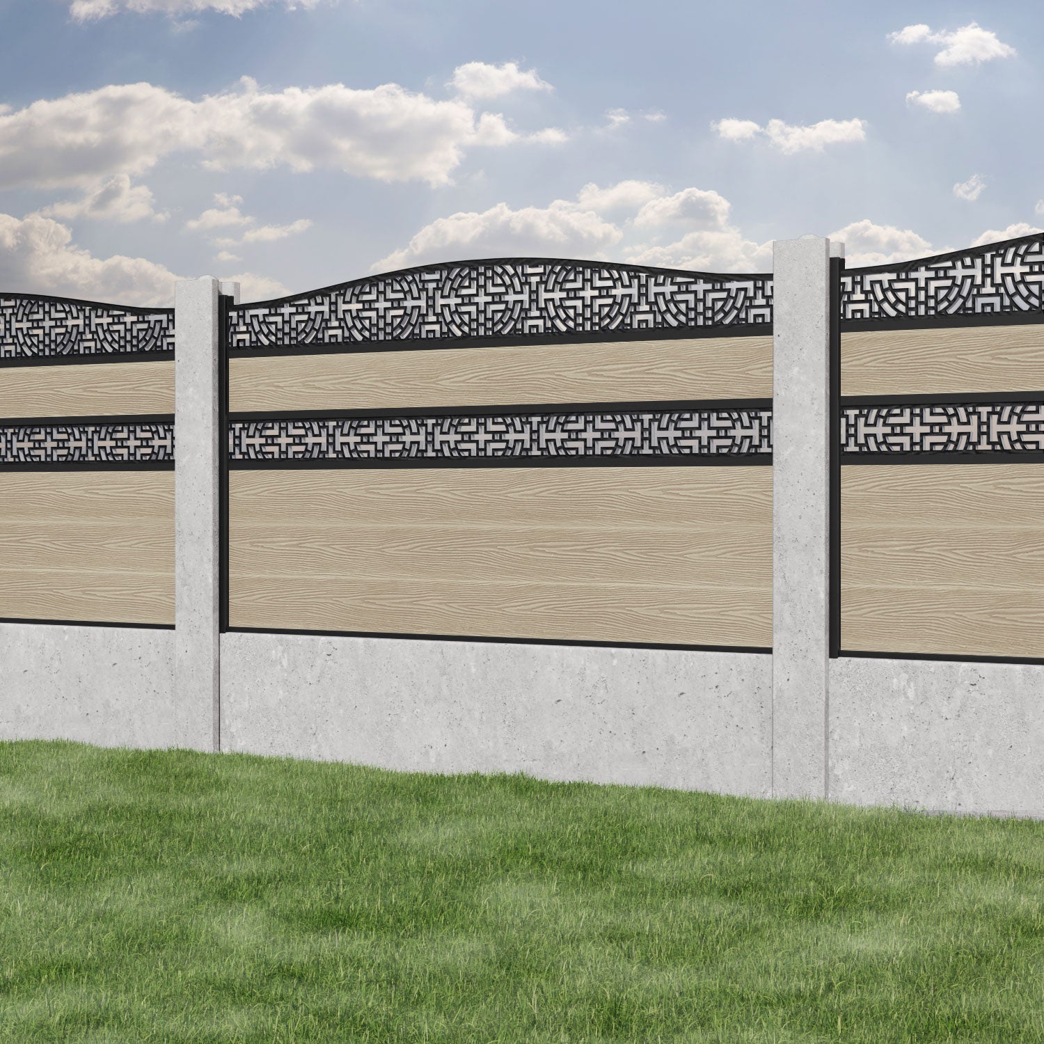 Classic Kumo Curved Top Split Screen Fence Panel - Light Oak - for existing concrete posts