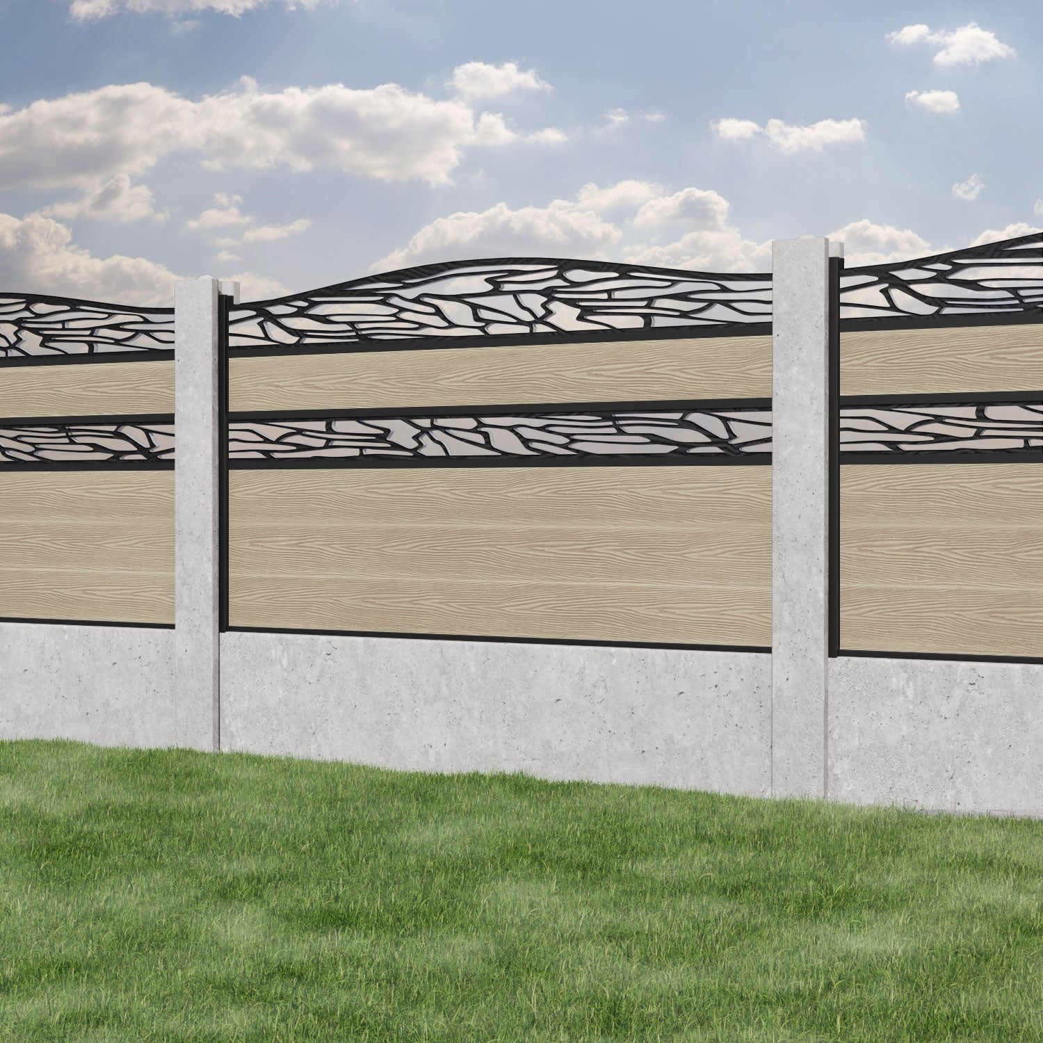 Classic Shatter Curved Top Split Screen Fence Panel - Light Oak - for existing concrete posts