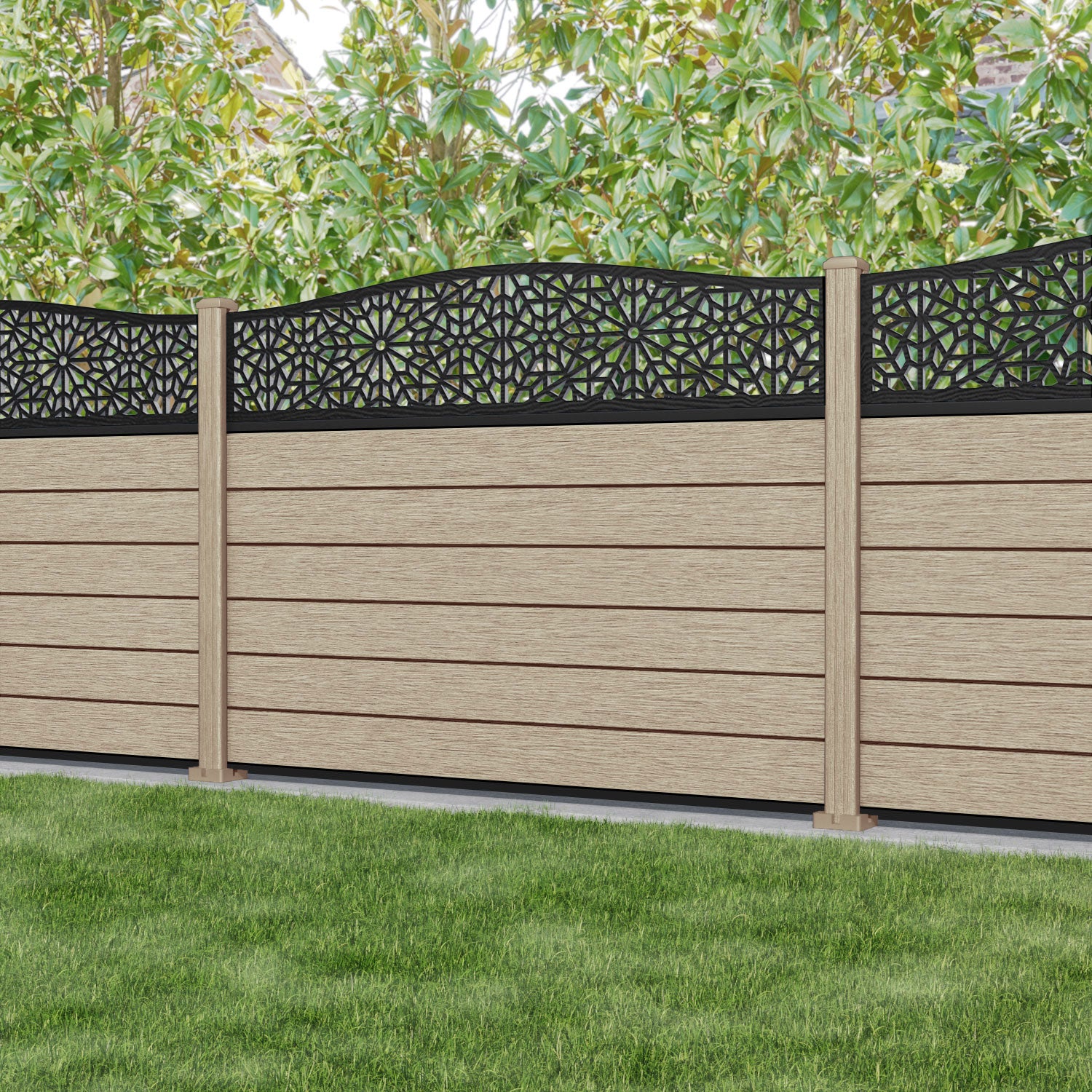 Fusion Alnara Curved Top Fence Panel - Light Oak - with our composite posts