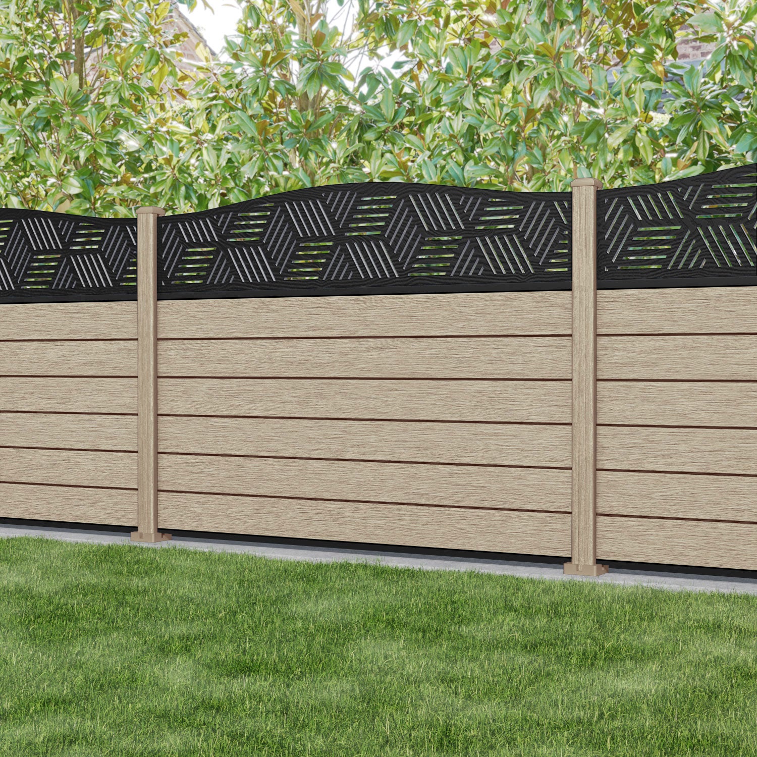 Fusion Cubed Curved Top Fence Panel - Light Oak - with our composite posts