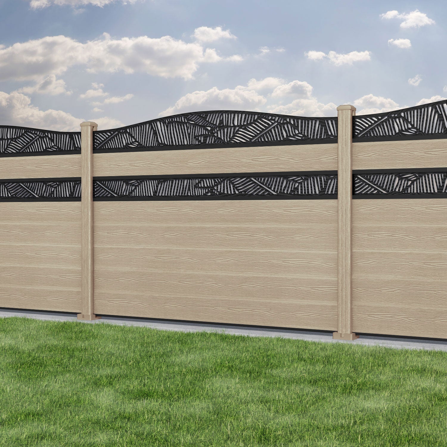 Classic Feather Curved Top Split Screen Fence Panel - Light Oak - with our composite posts