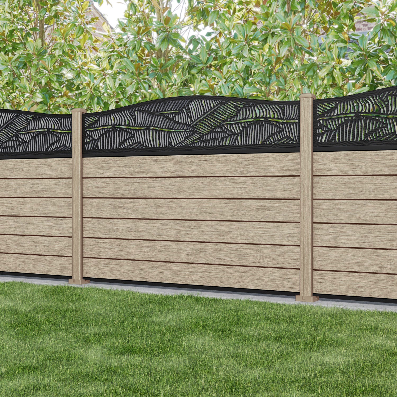 Fusion Feather Curved Top Fence Panel - Light Oak - with our composite posts