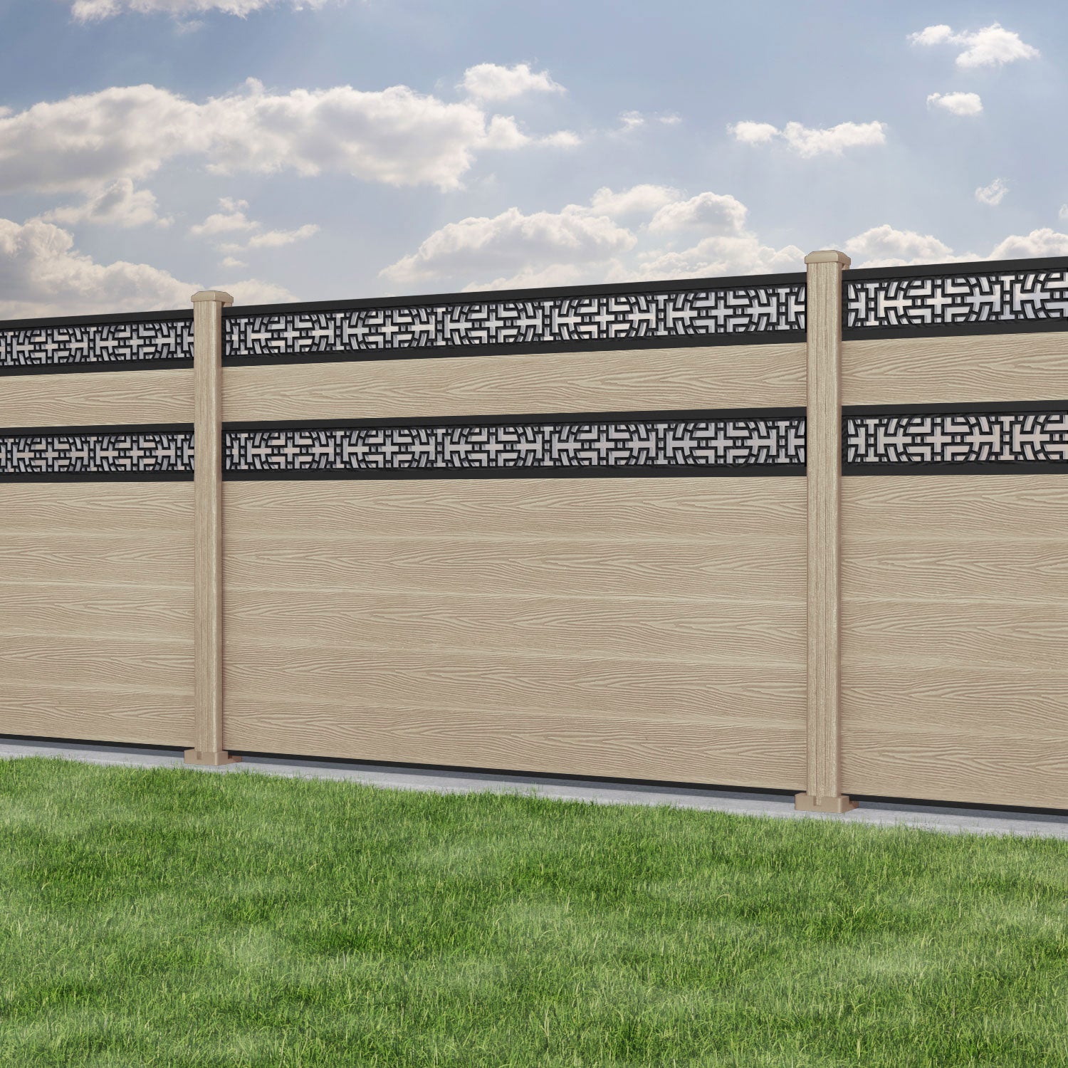 Classic Kumo Split Screen Fence Panel - Light Oak - with our composite posts
