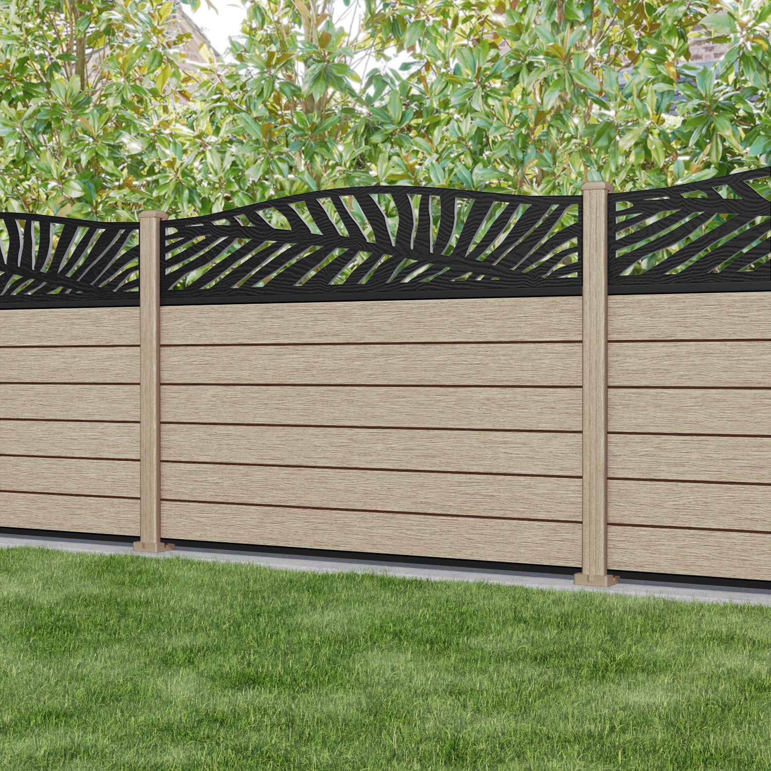 Fusion Palm Curved Top Fence Panel - Light Oak - with our composite posts