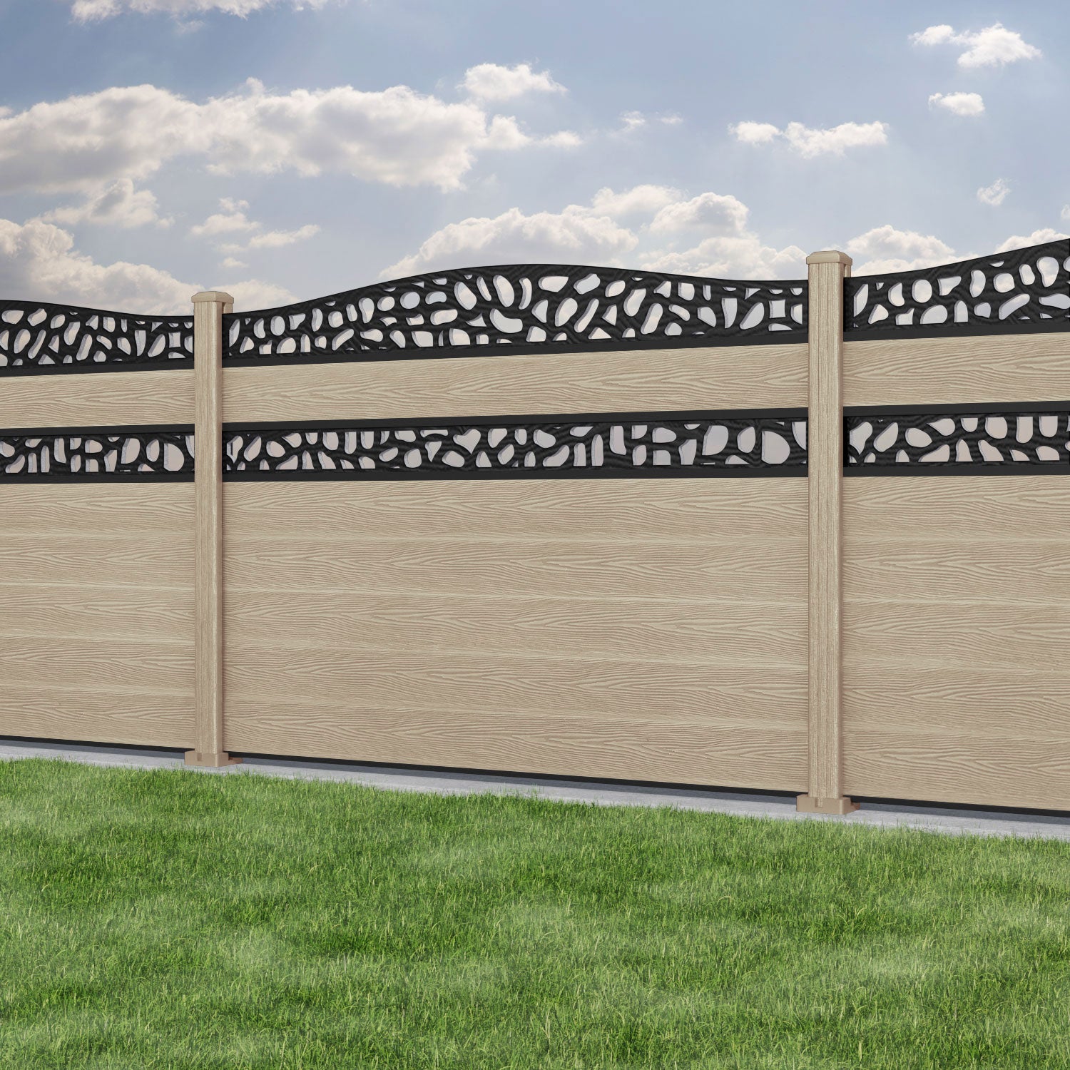 Classic Pebble Curved Top Split Screen Fence Panel - Light Oak - with our composite posts