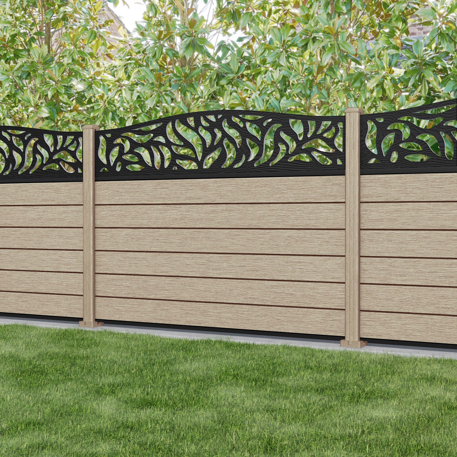 Fusion Plume Curved Top Fence Panel - Light Oak - with our composite posts