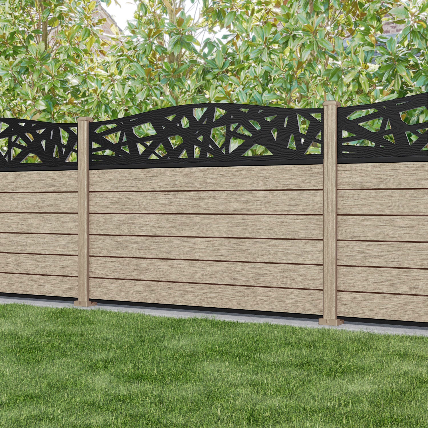 Fusion Prism Curved Top Fence Panel - Light Oak - with our composite posts