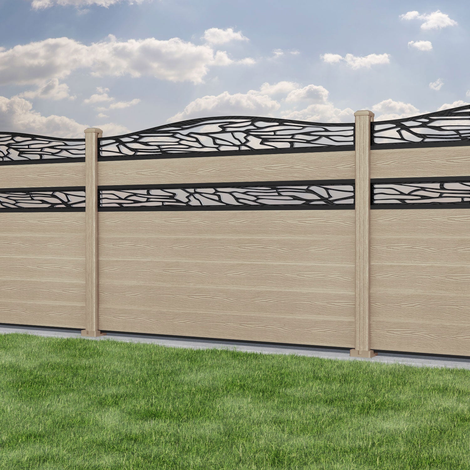 Classic Shatter Curved Top Split Screen Fence Panel - Light Oak - with our composite posts