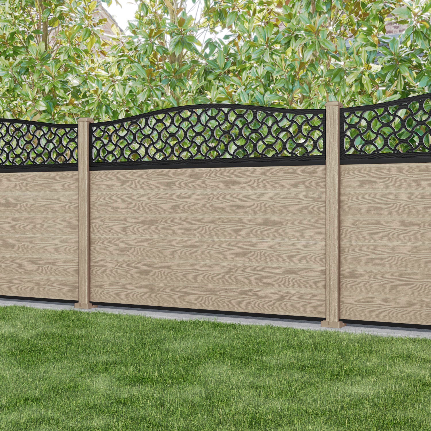 Fusion Vida Curved Top Fence Panel - Light Oak - with our composite posts