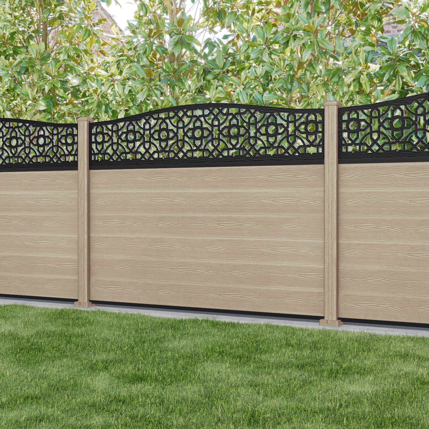 Classic Nabila Curved Top Fence Panel - Light Oak - with our composite posts