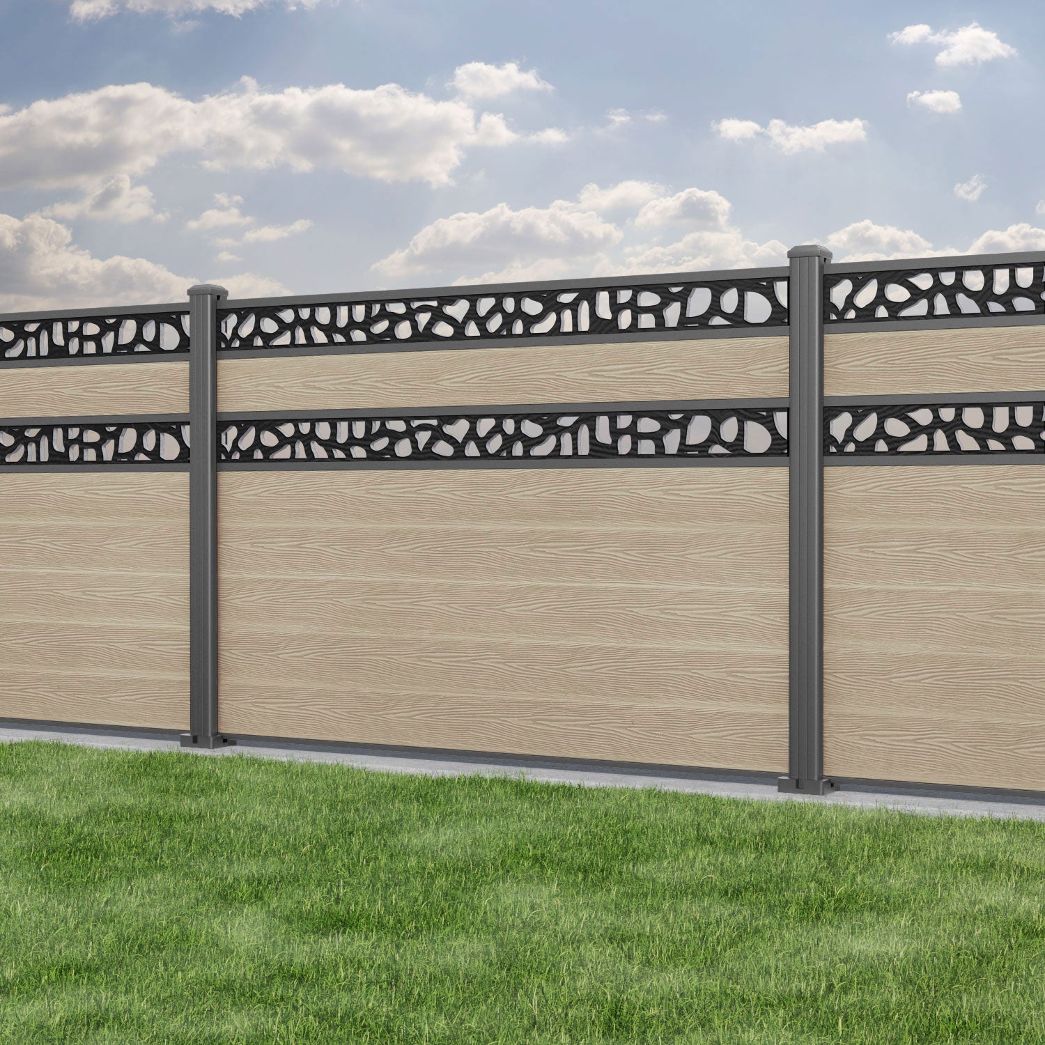 Classic Pebble Split Screen Fence Panel - Light Oak - with our aluminium posts