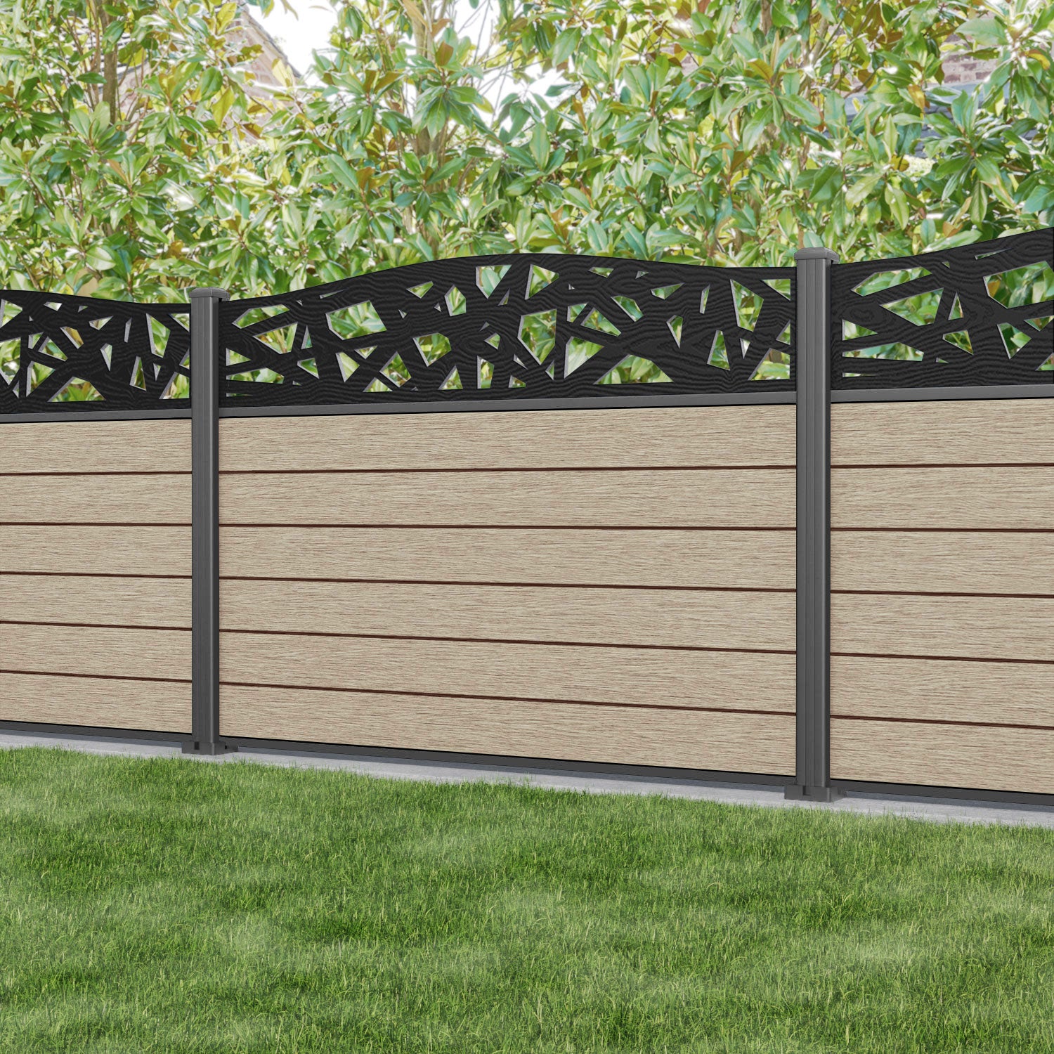 Fusion Prism Curved Top Fence Panel - Light Oak - with our aluminium posts