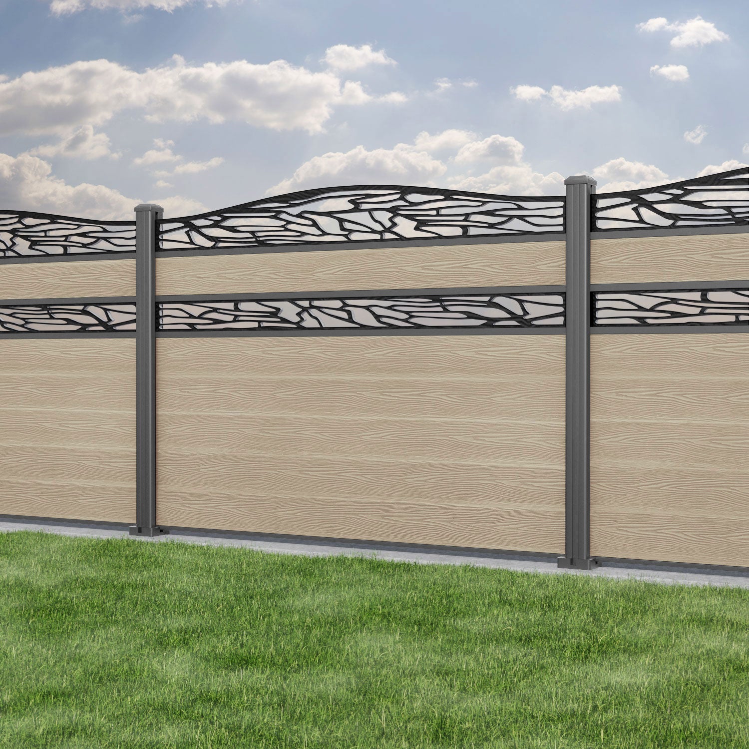 Classic Shatter Curved Top Split Screen Fence Panel - Light Oak - with our aluminium posts