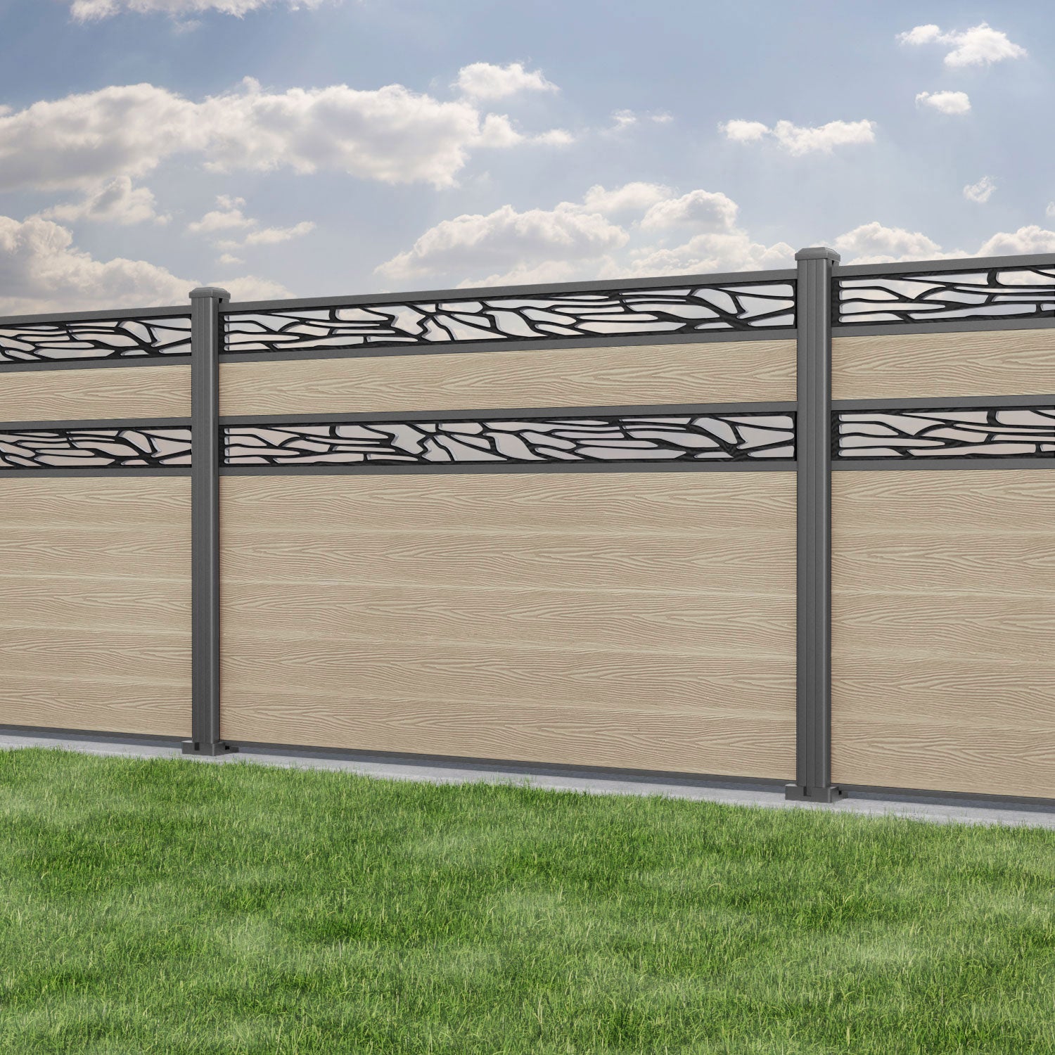 Classic Shatter Split Screen Fence Panel - Light Oak - with our aluminium posts