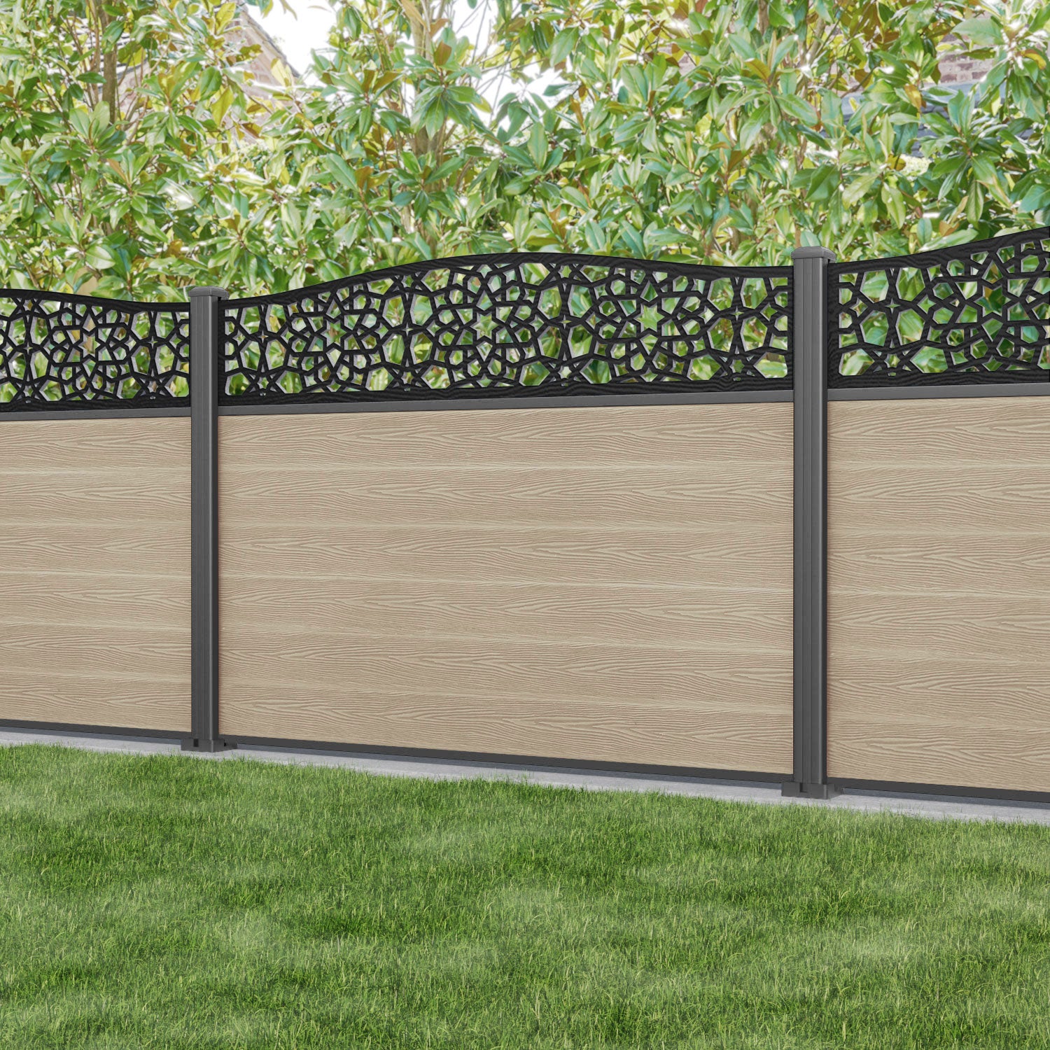 Classic Nazira Curved Top Fence Panel - Light Oak - with our aluminium posts