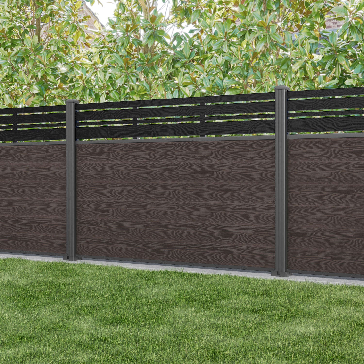 Classic Linea Fence Panel - Mid Brown - with our aluminium posts