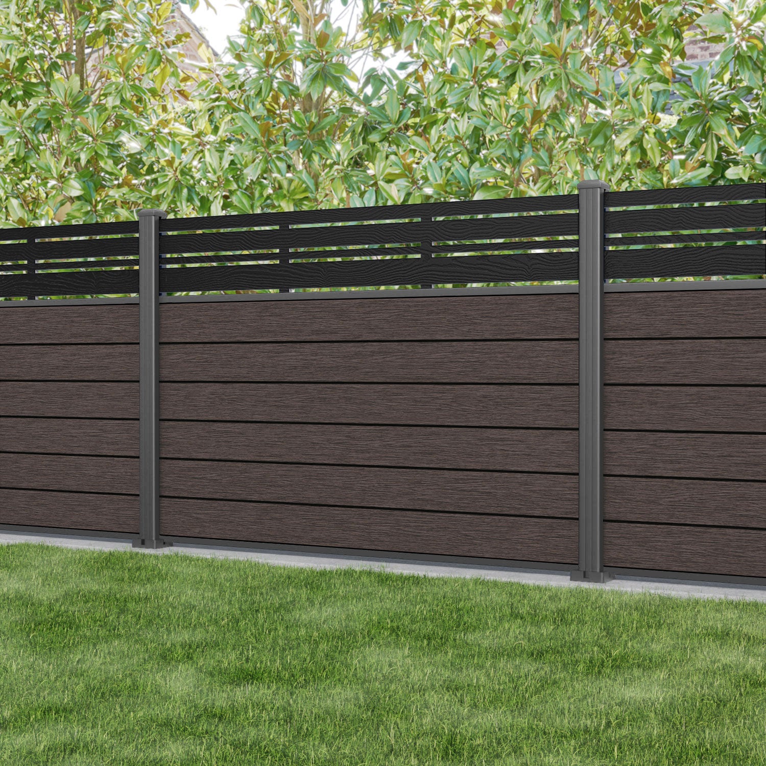 Fusion Linea Fence Panel - Mid Brown - with our aluminium posts