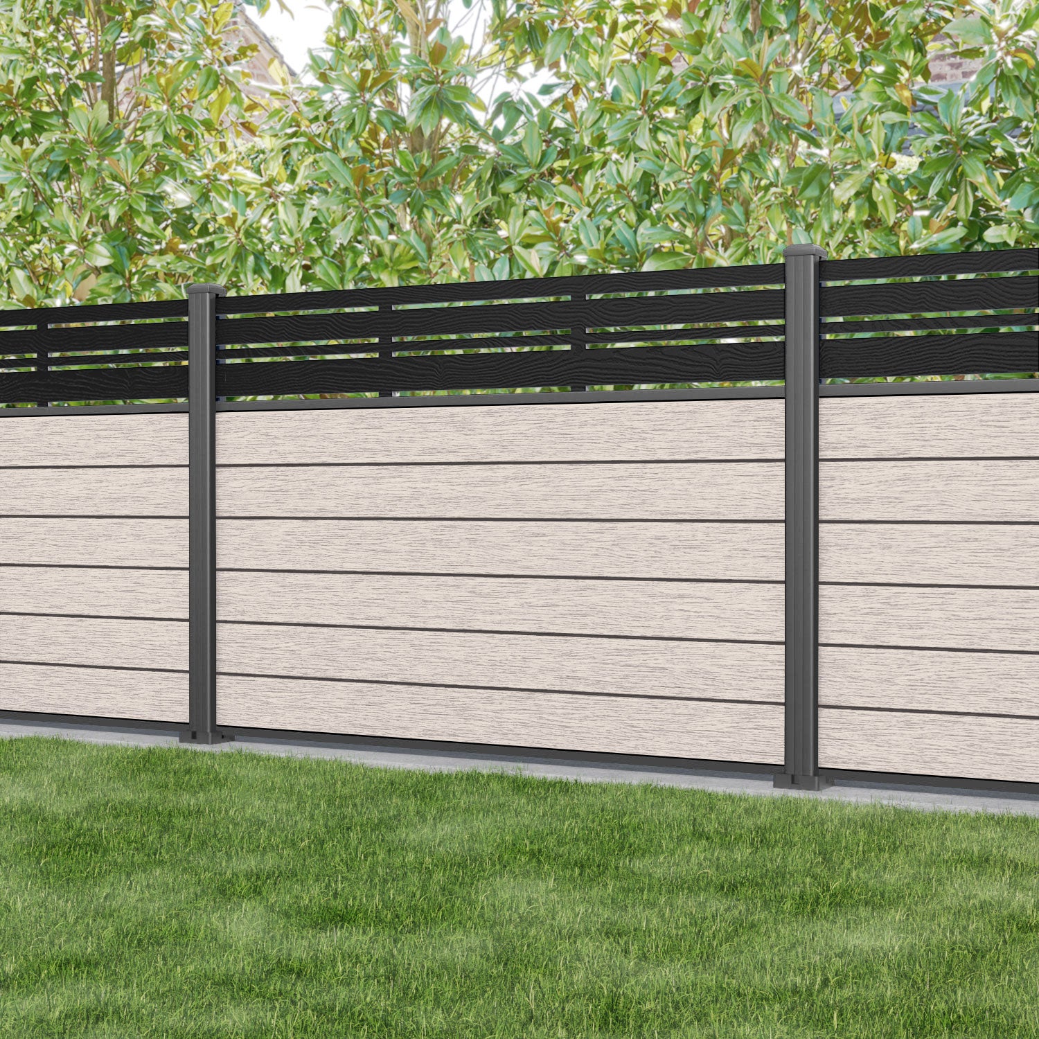Fusion Linea Fence Panel - Mid Stone - with our aluminium posts
