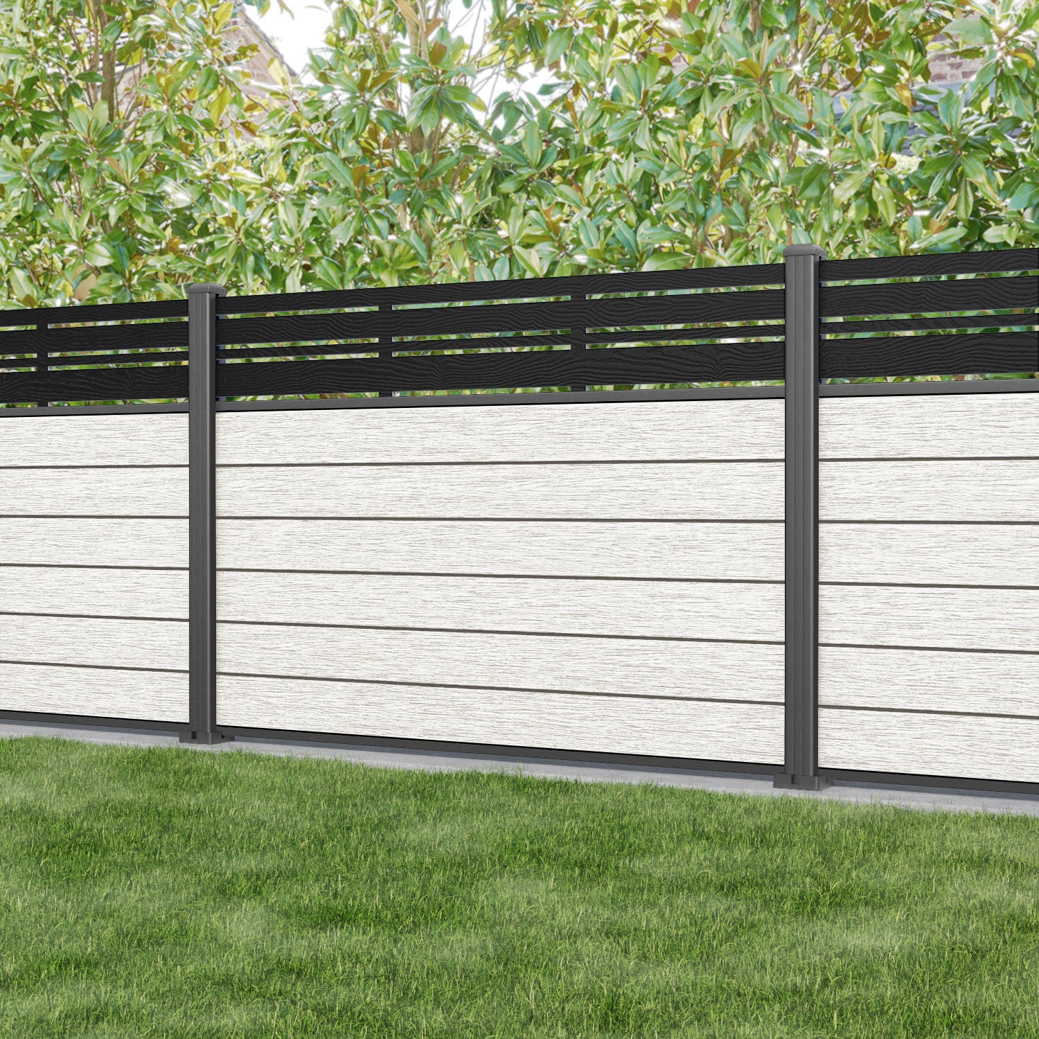 Fusion Linea Fence Panel - Light Stone - with our aluminium posts