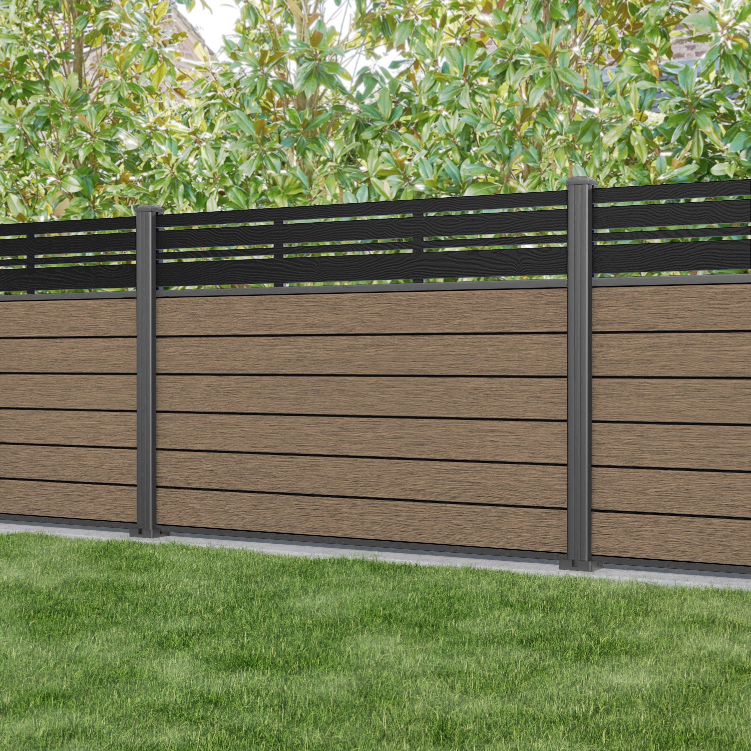 Fusion Linea Fence Panel - Teak - with our aluminium posts