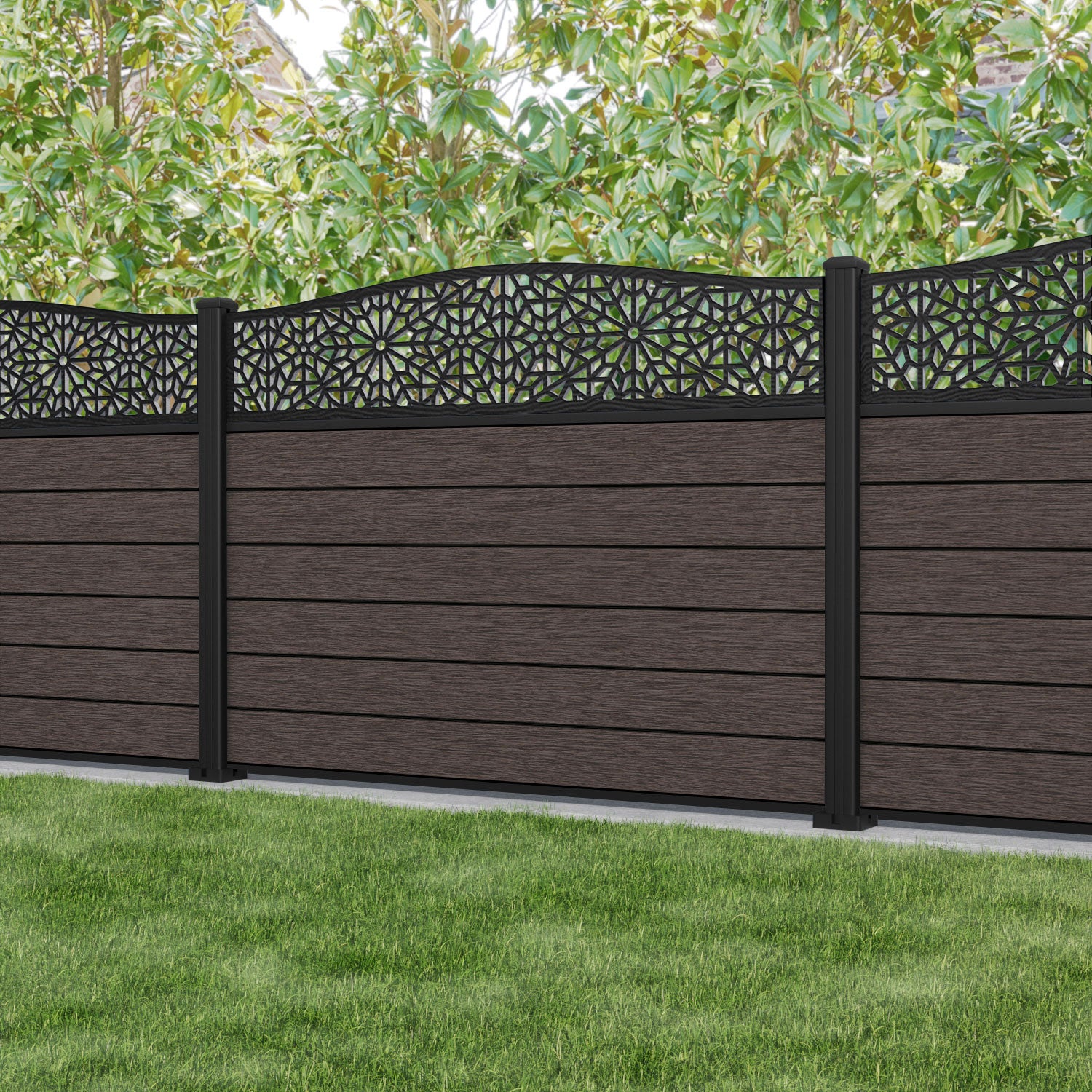 Fusion Alnara Curved Top Fence Panel - Mid Brown - with our aluminium posts