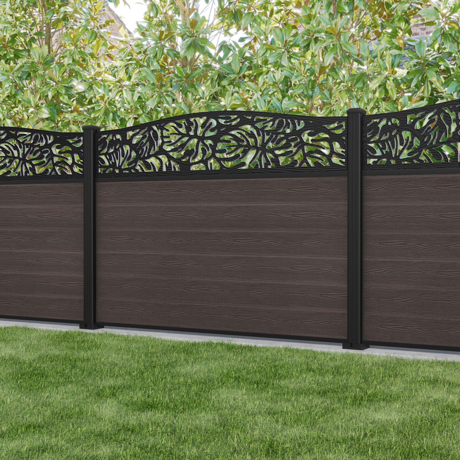 Fusion Botanic Curved Top Fence Panel - Mid Brown - with our aluminium posts