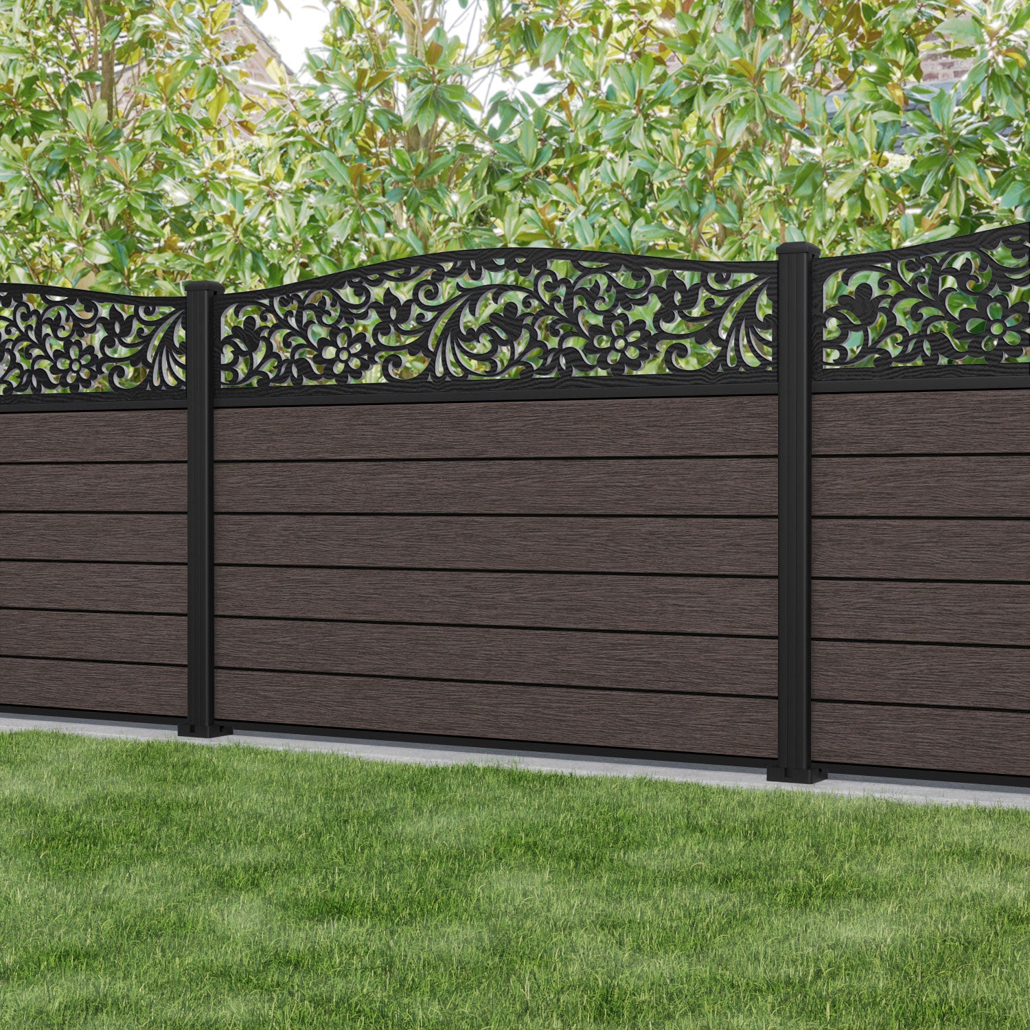 Fusion Eden Curved Top Fence Panel - Mid Brown - with our aluminium posts