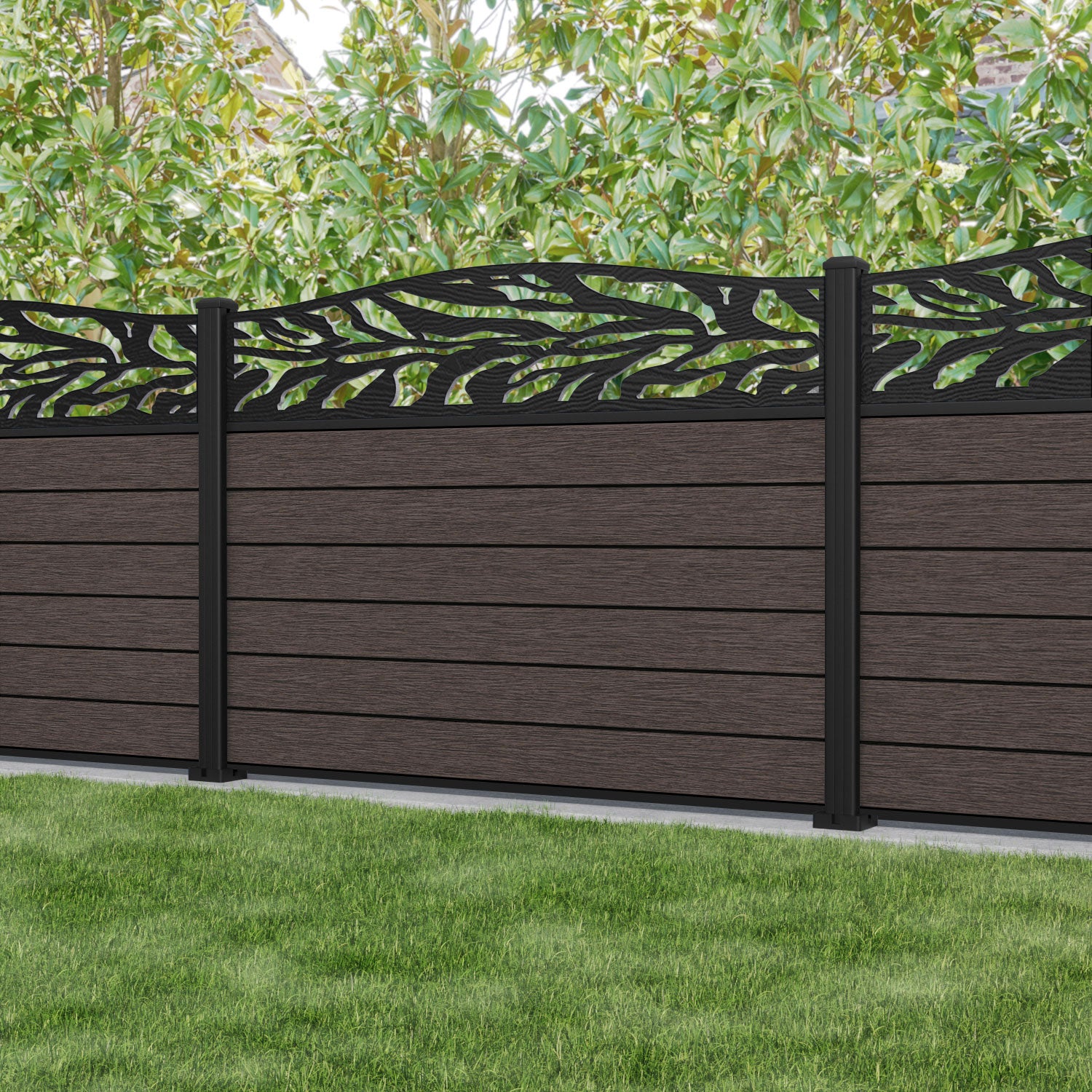 Fusion Malawi Curved Top Fence Panel - Mid Brown - with our aluminium posts
