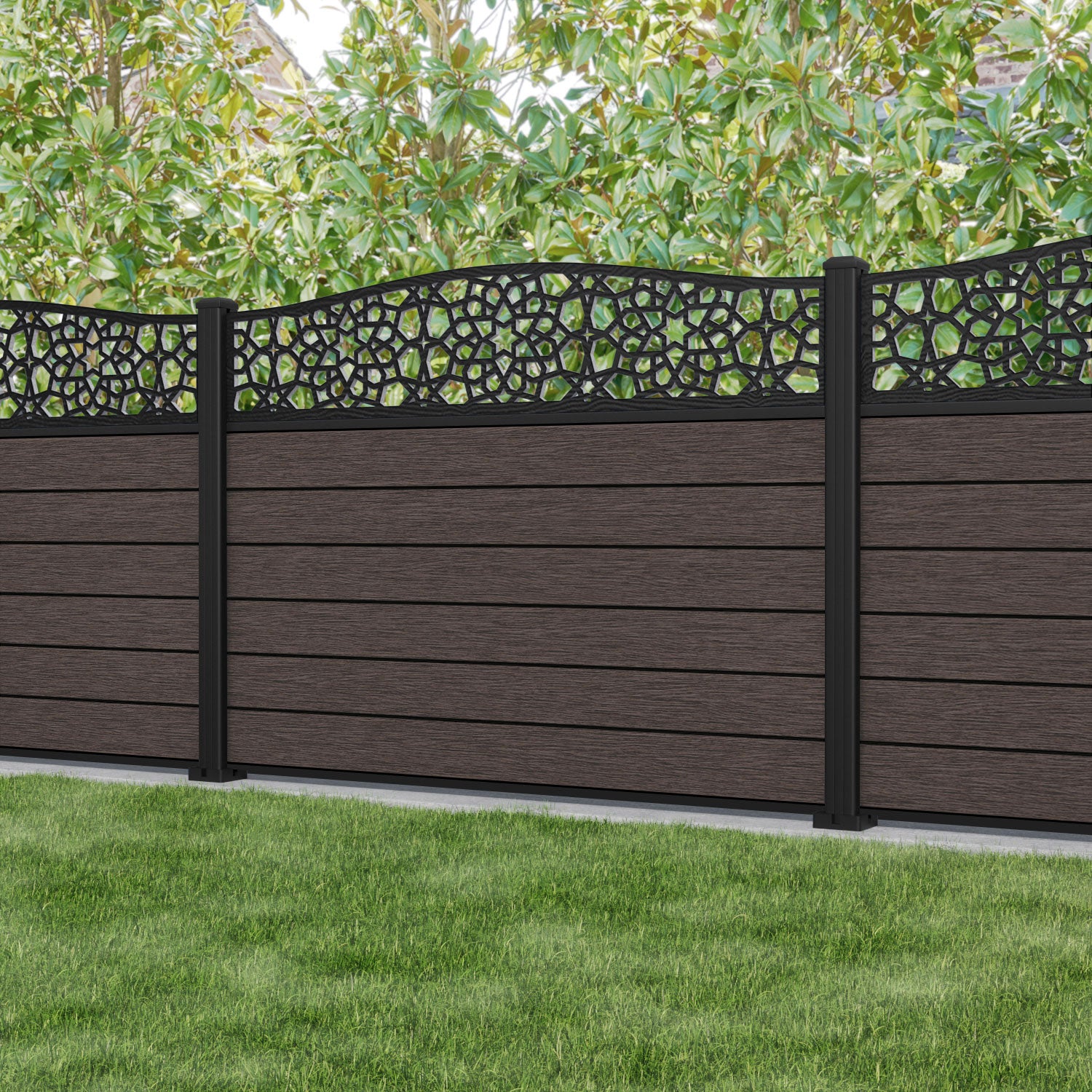 Fusion Nazira Curved Top Fence Panel - Mid Brown - with our aluminium posts