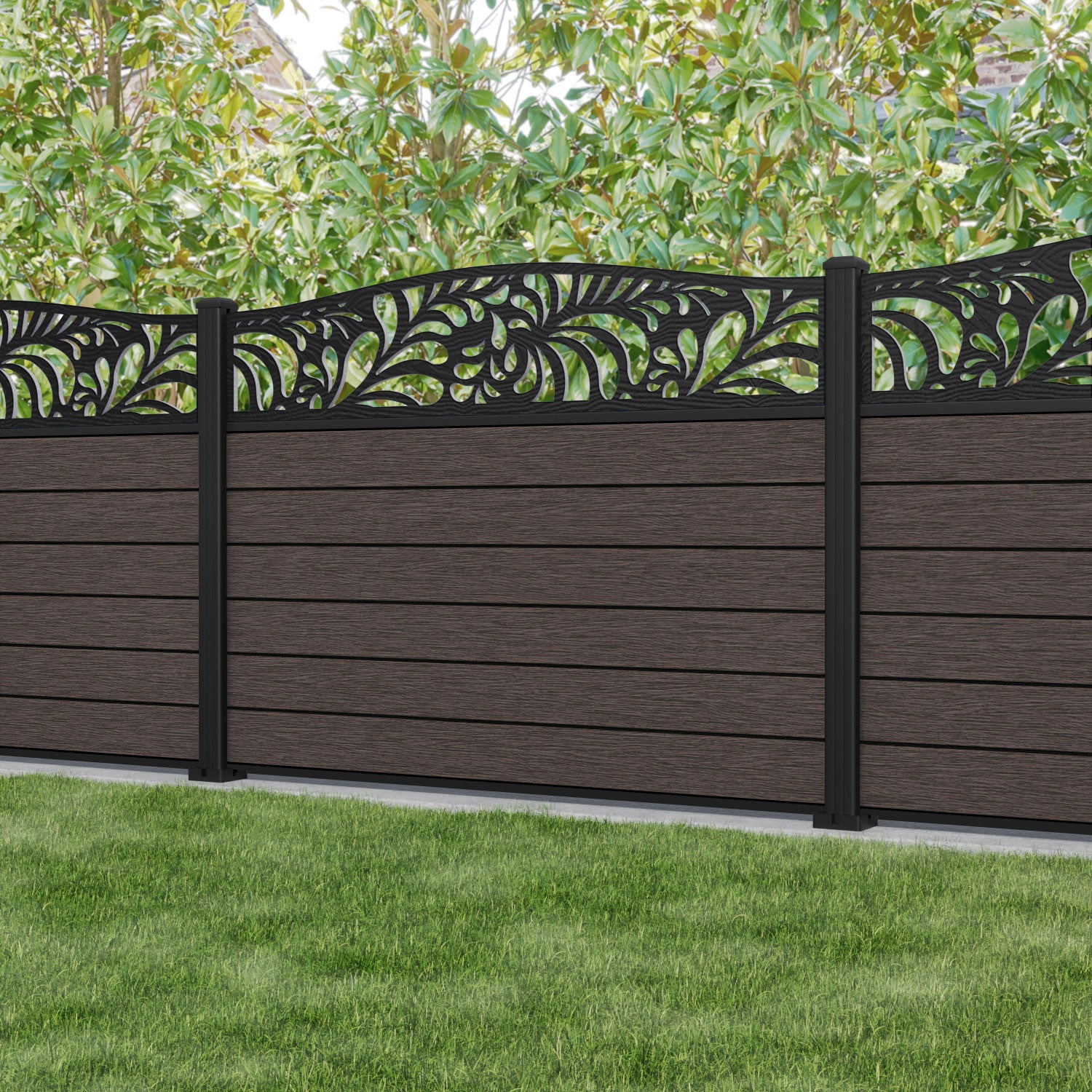 Fusion Petal Curved Top Fence Panel - Mid Brown - with our aluminium posts